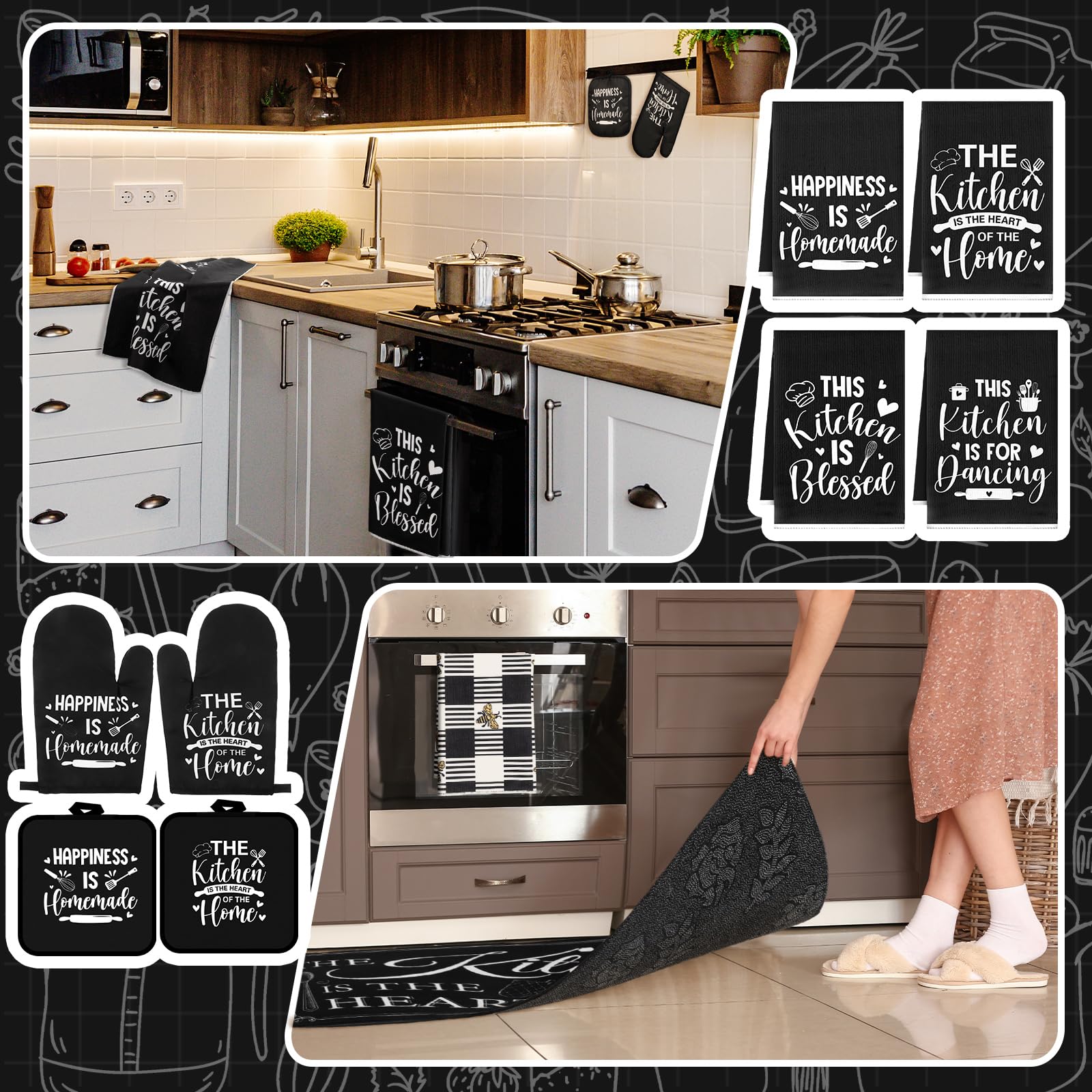 Fourluoo farmhouse set on counter showcases coordinated decor that refreshes the kitchen vibe.