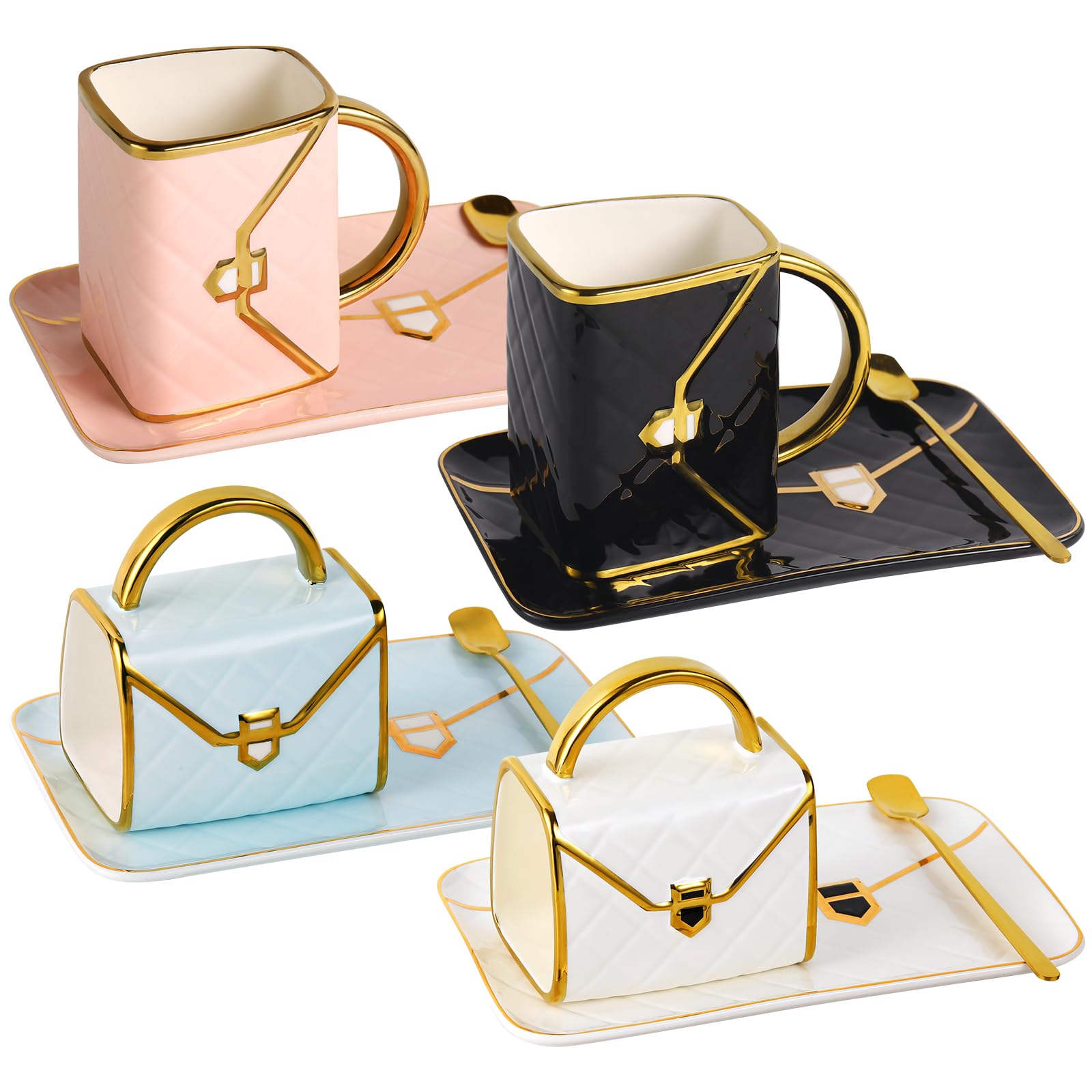 Fovima handbag coffee mug in blue with saucer and spoon, stylish everyday use.
