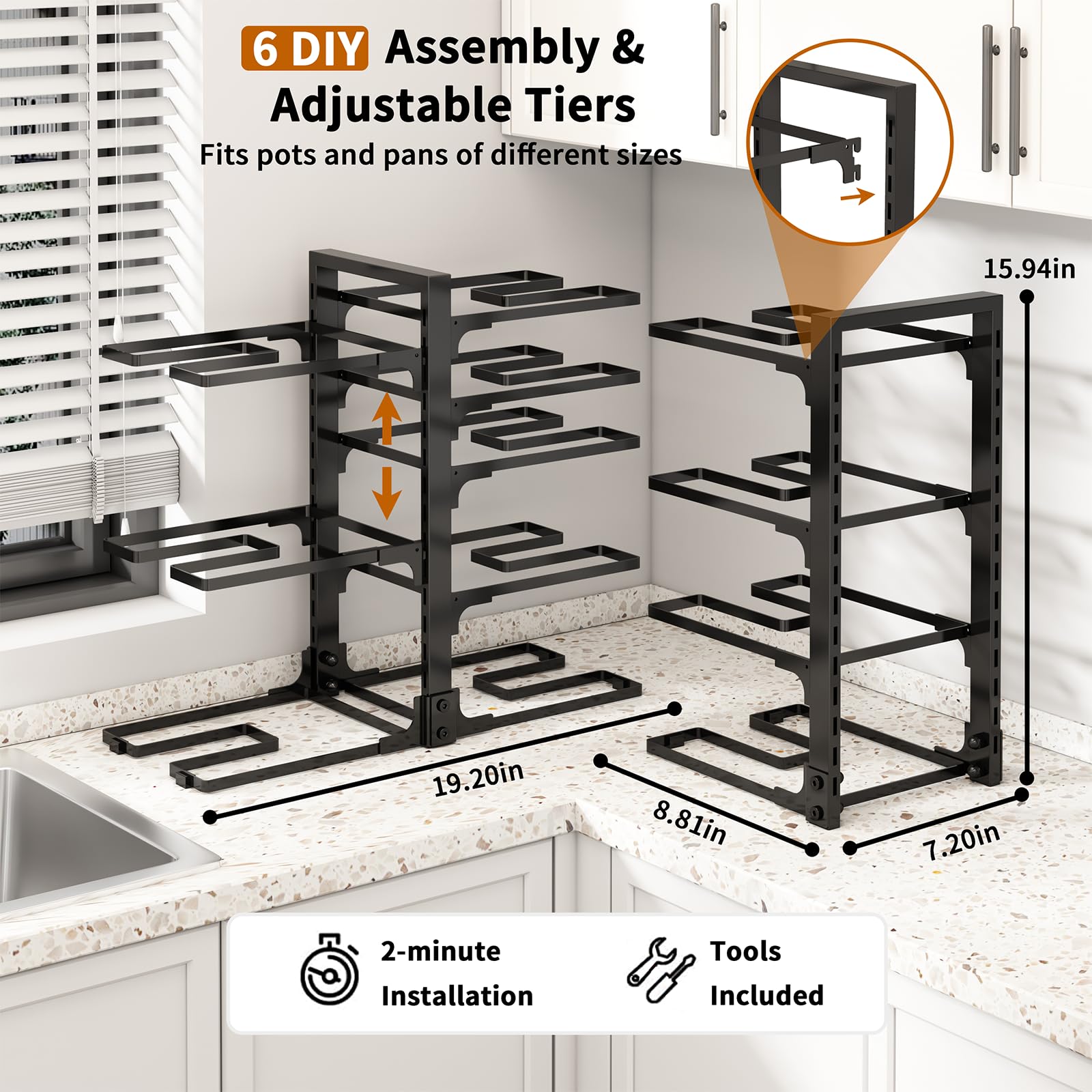 Fovkdcvw height-adjustable tiers adapt to cabinet space and pot sizes.