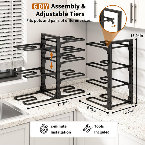 Fovkdcvw height-adjustable tiers adapt to cabinet space and pot sizes.