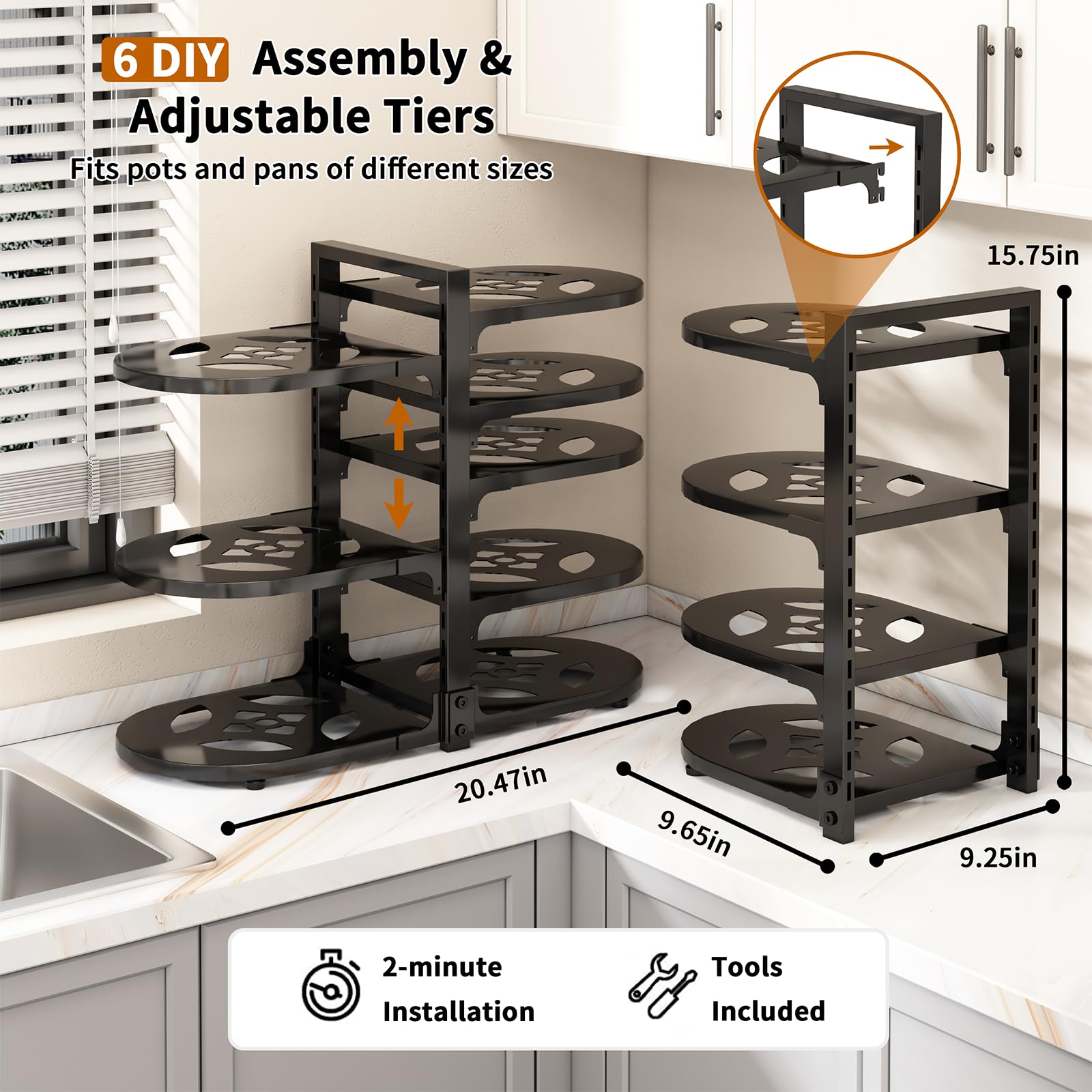 Fovkdcvw doublesnap-grip pot and pan organizer keeps pots stable under cabinet.