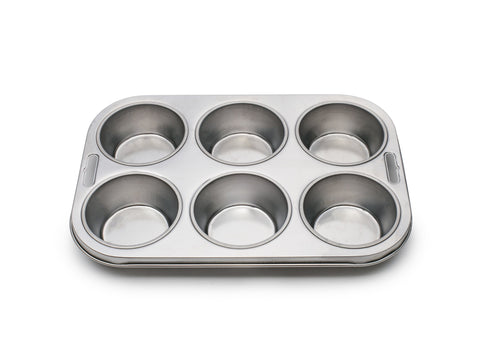 Fox Run 4867 muffin pan top view shows six cups for muffins or cupcakes.