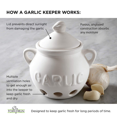 Fox Run garlic keeper lid protects garlic from light to extend freshness.