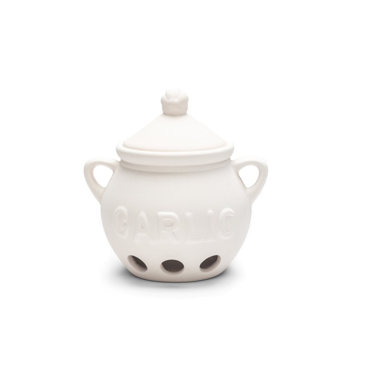 Fox Run garlic keeper white ceramic on counter keeps garlic fresh and accessible.