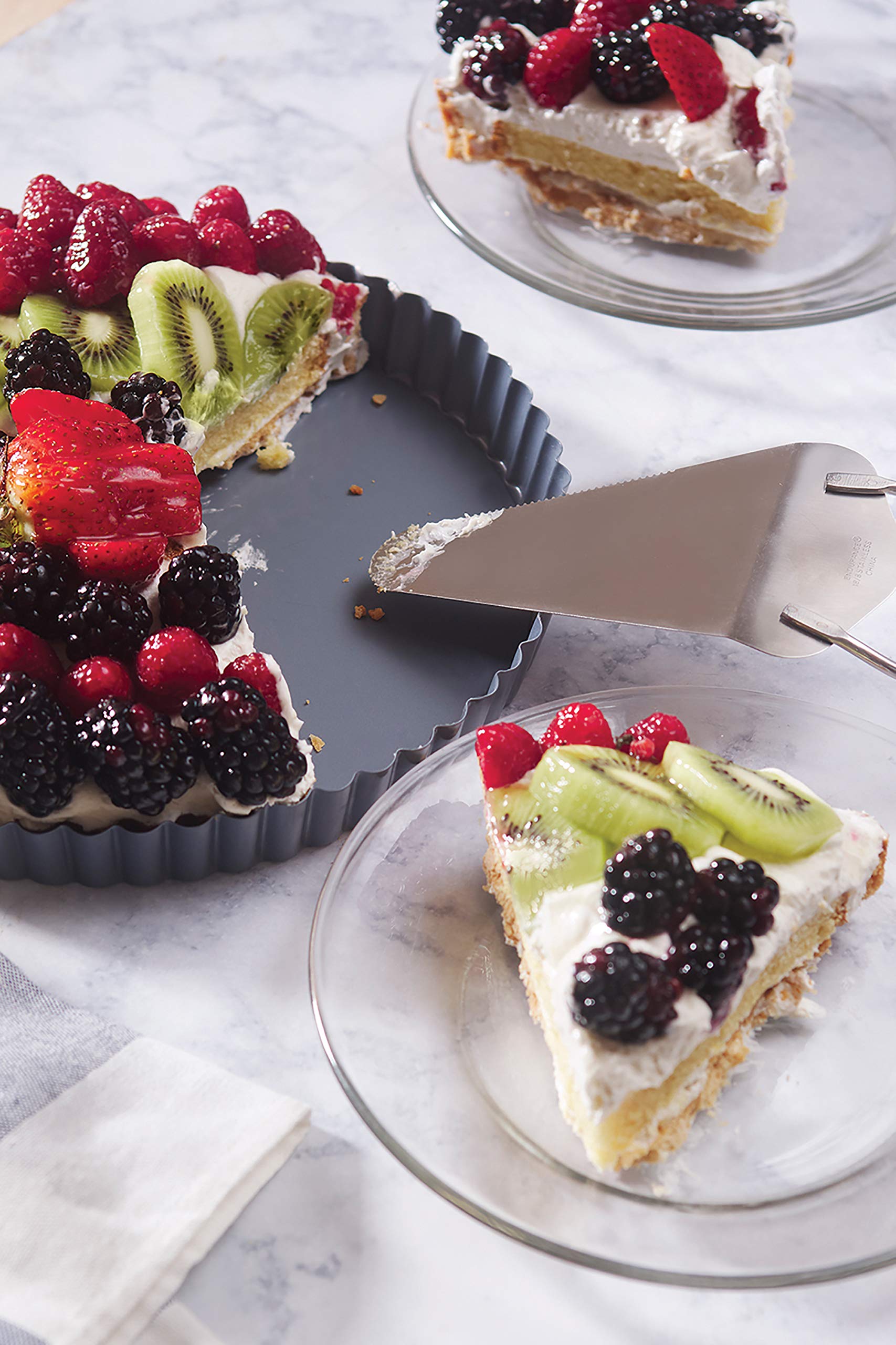 Fox Run 9-inch bottom, 9.5-inch top pan creates shown tart shape
