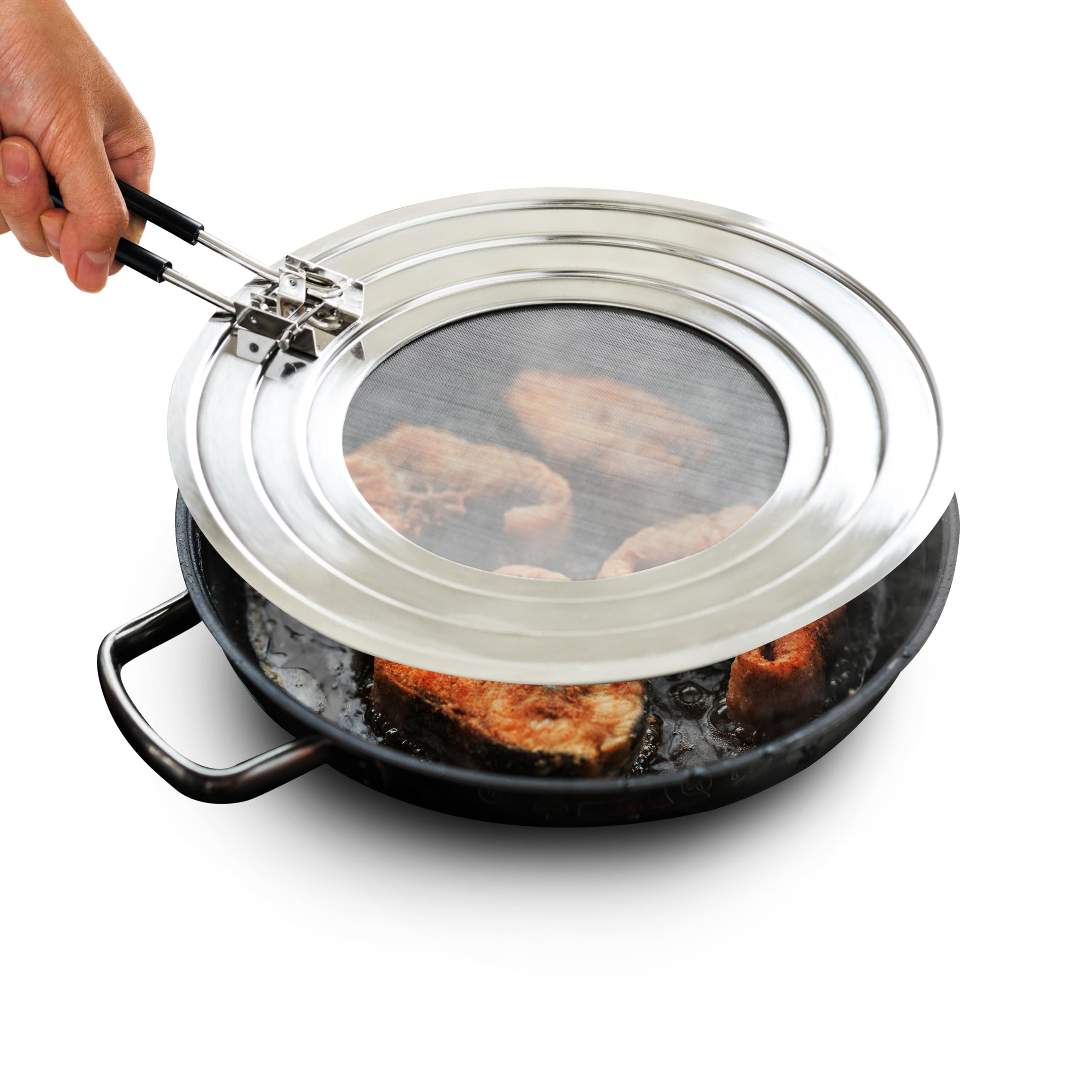 FOXEL 14-inch splatter screen guard over a pan to reduce kitchen grease splatter.