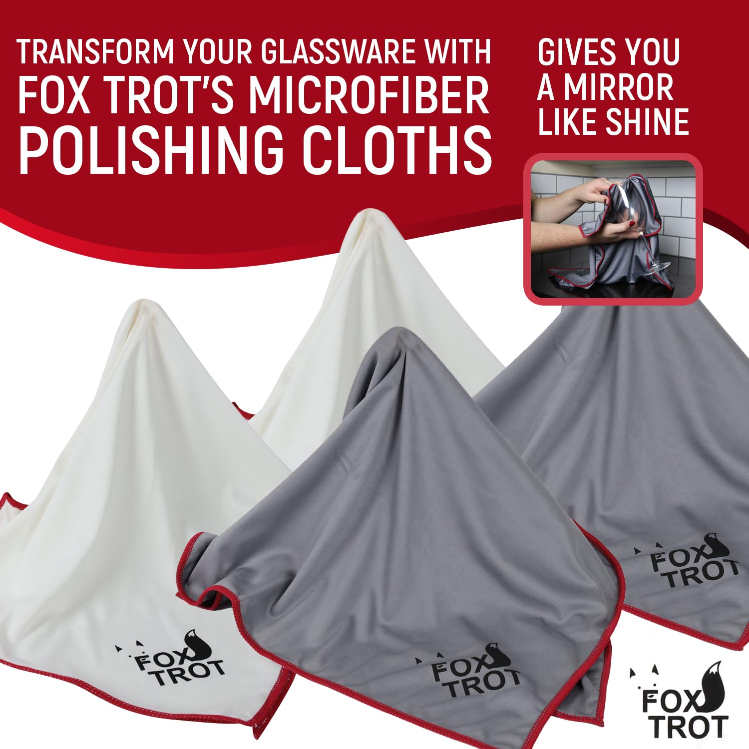 Fox Trot polishing cloths provide streak-free shine for wine glasses