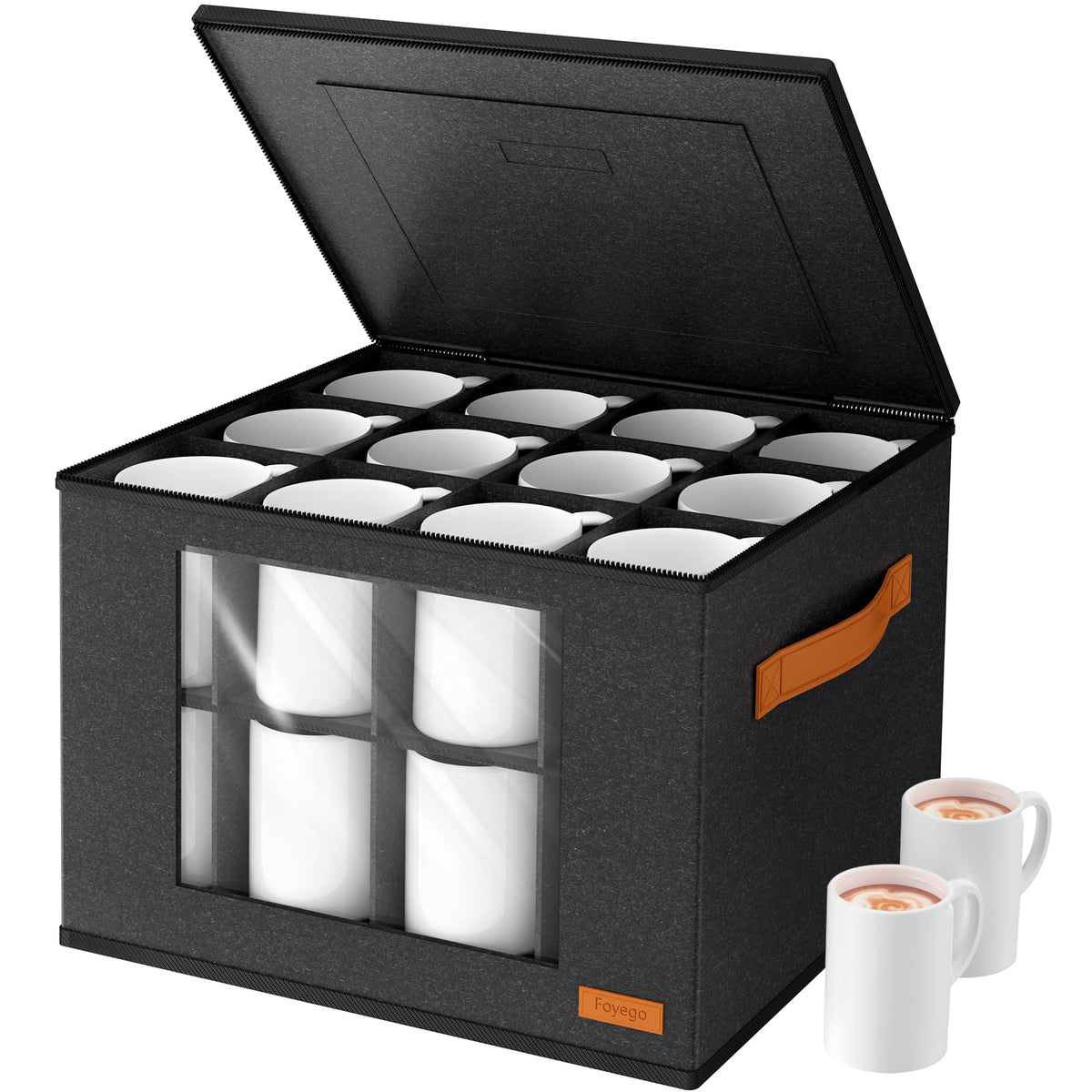 Foyego 2-layer mug storage box top view showing spacious capacity for 24 cups