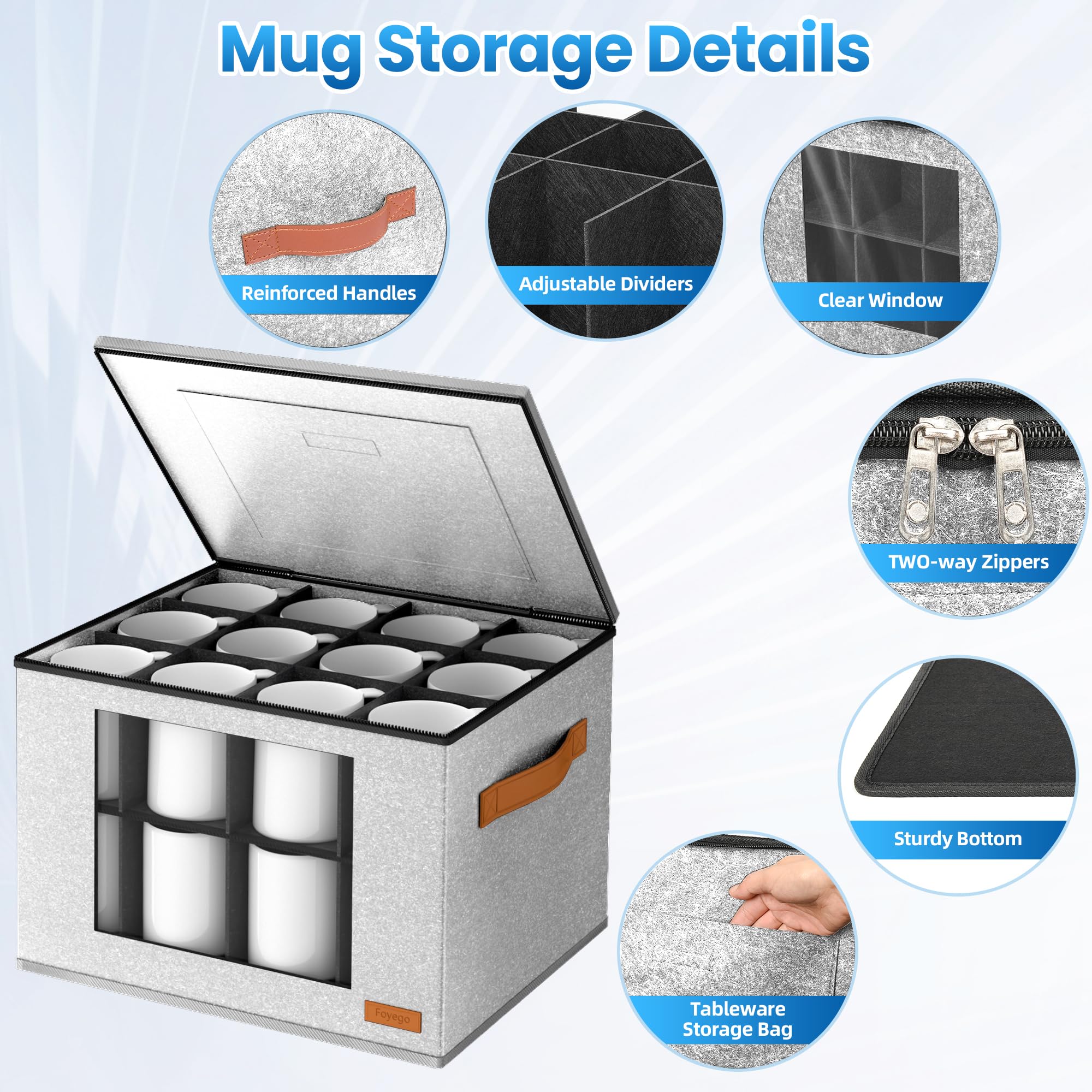 Foyego interior dividers visible for neatly separated mugs and glasses.