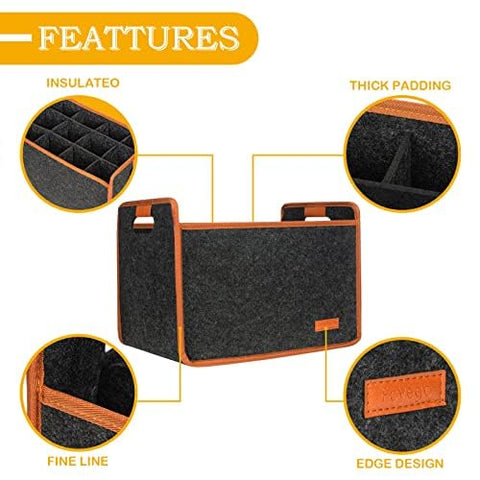 Foyego spacious tote measures 15x11x10 inches for most wine bottles.