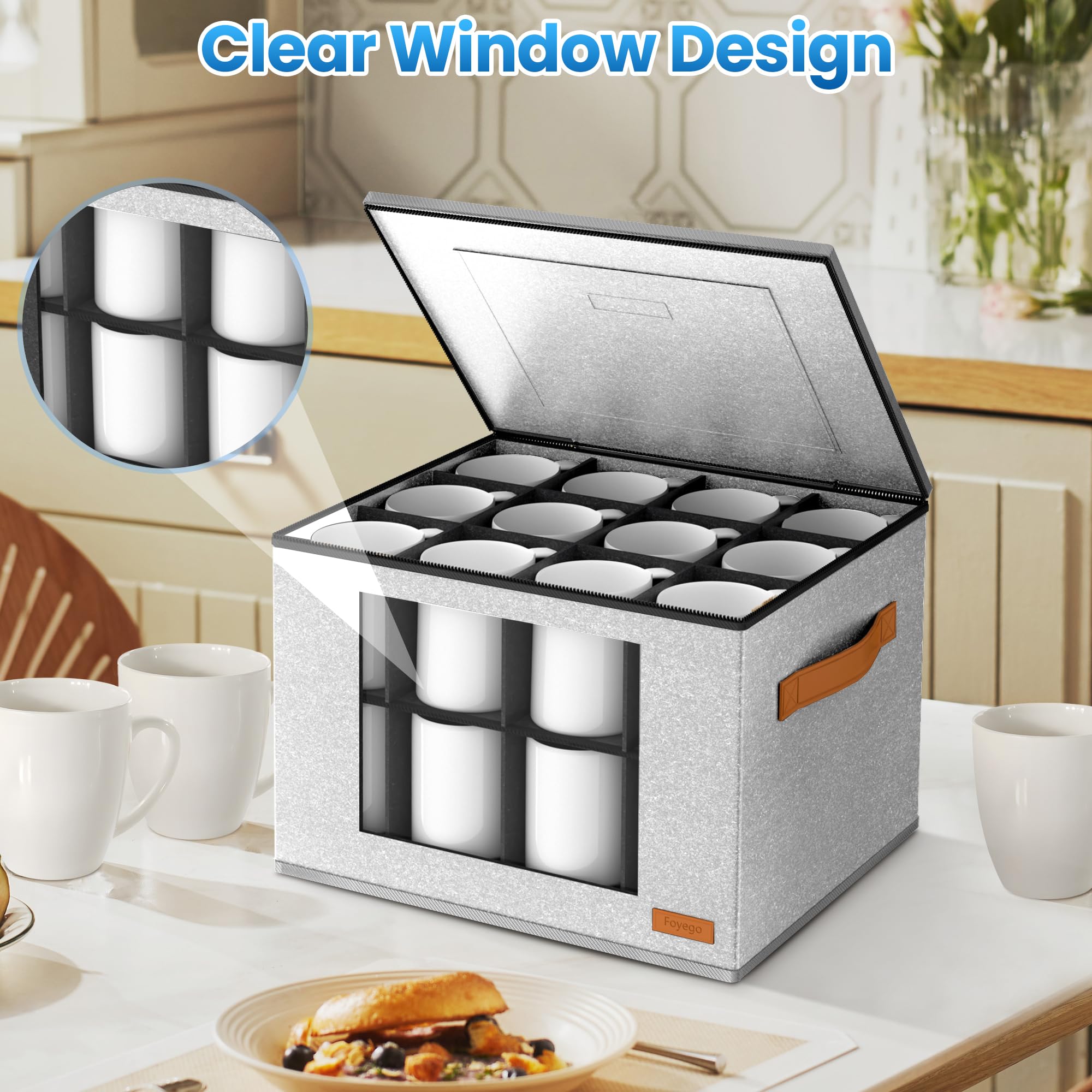 Foyego stackable mug storage assembly demonstrates space-saving setup.