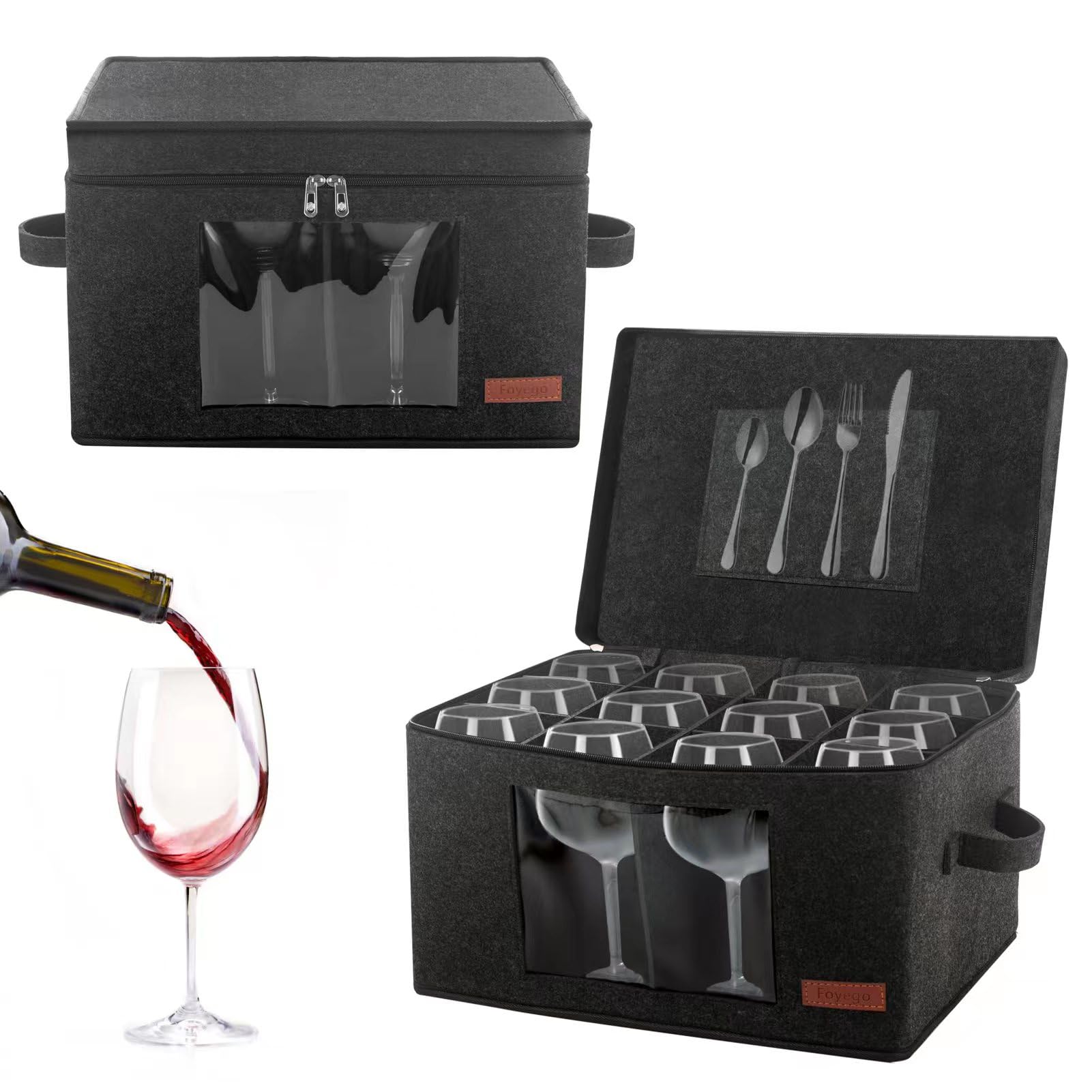 Foyego wine glass storage box with dividers and lid for safe moving