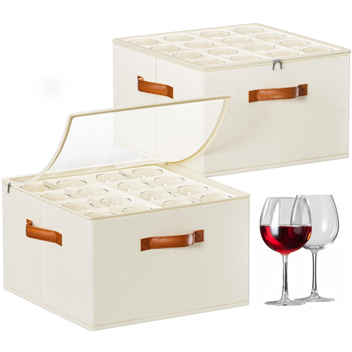 Foyego wine glass storage box with dividers beige front view for organized storage.