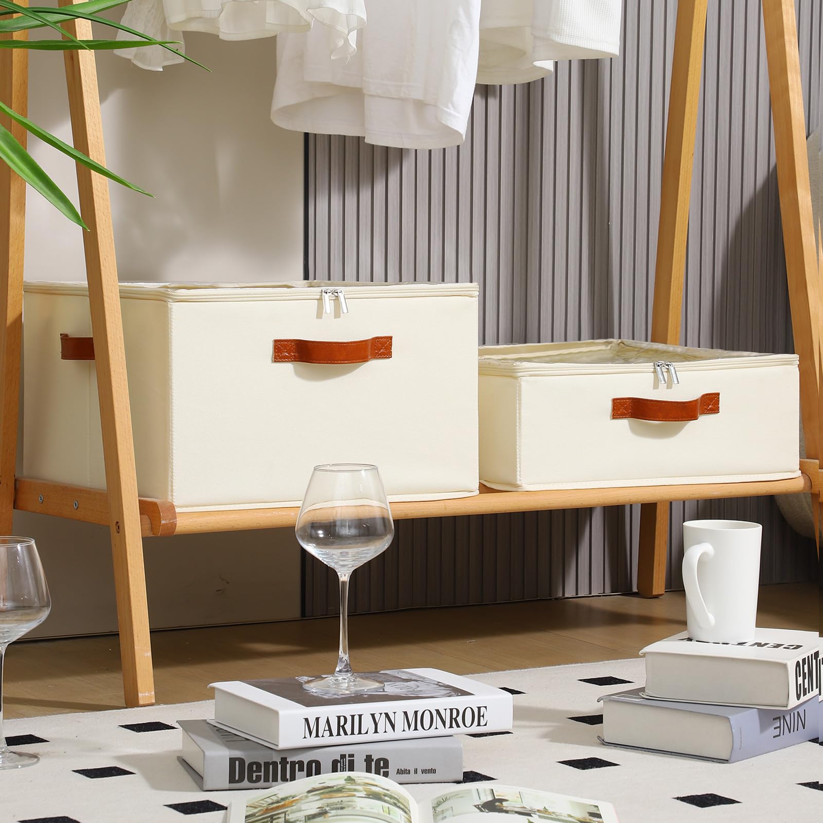 Foyego wine glass storage box beige top view showing clear lid for dust protection.