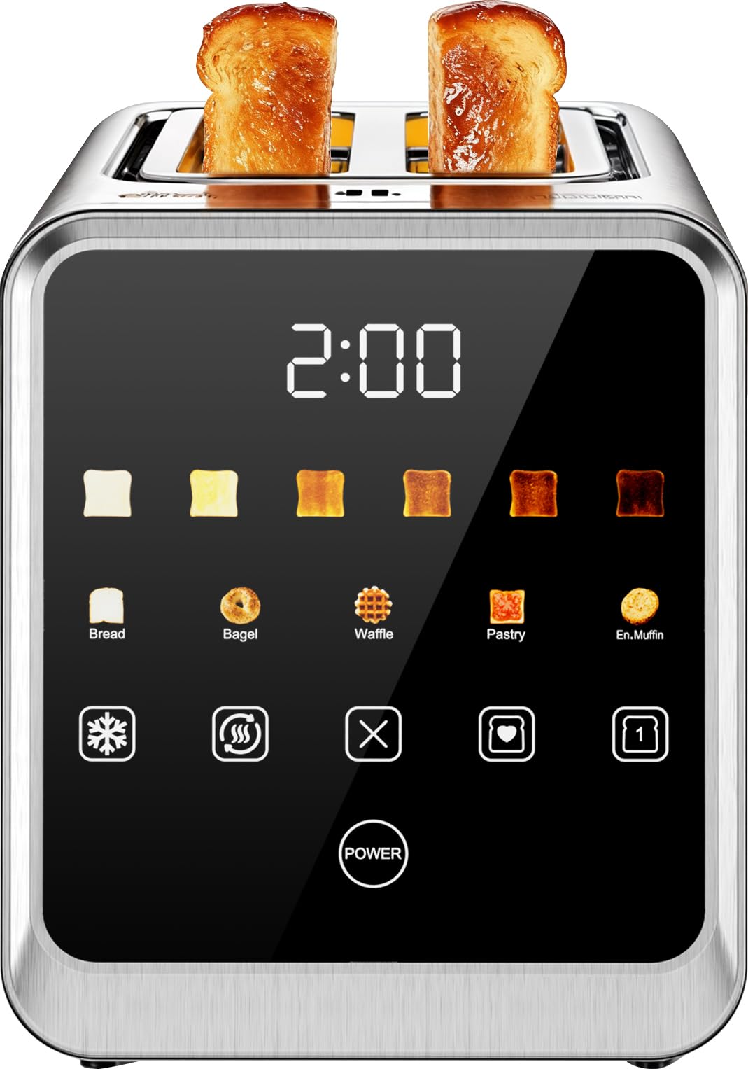 Foyoconven touchscreen toaster with LCD display for quick bread type selection.