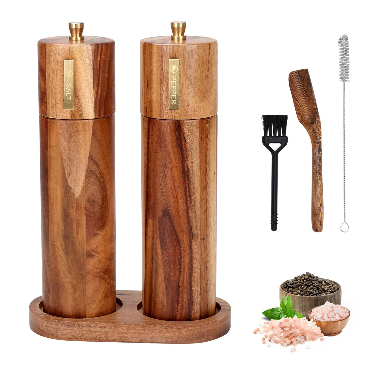Foyucool wooden salt grinder shows 8-inch height and adjustable coarseness for seasoning.