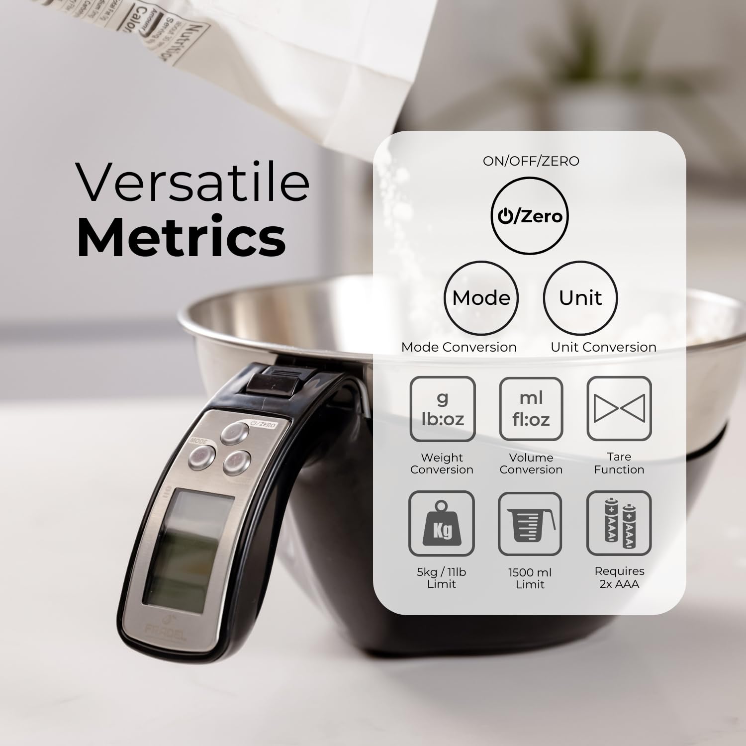 Fradel scale with measuring cup for fast portioning and weighing