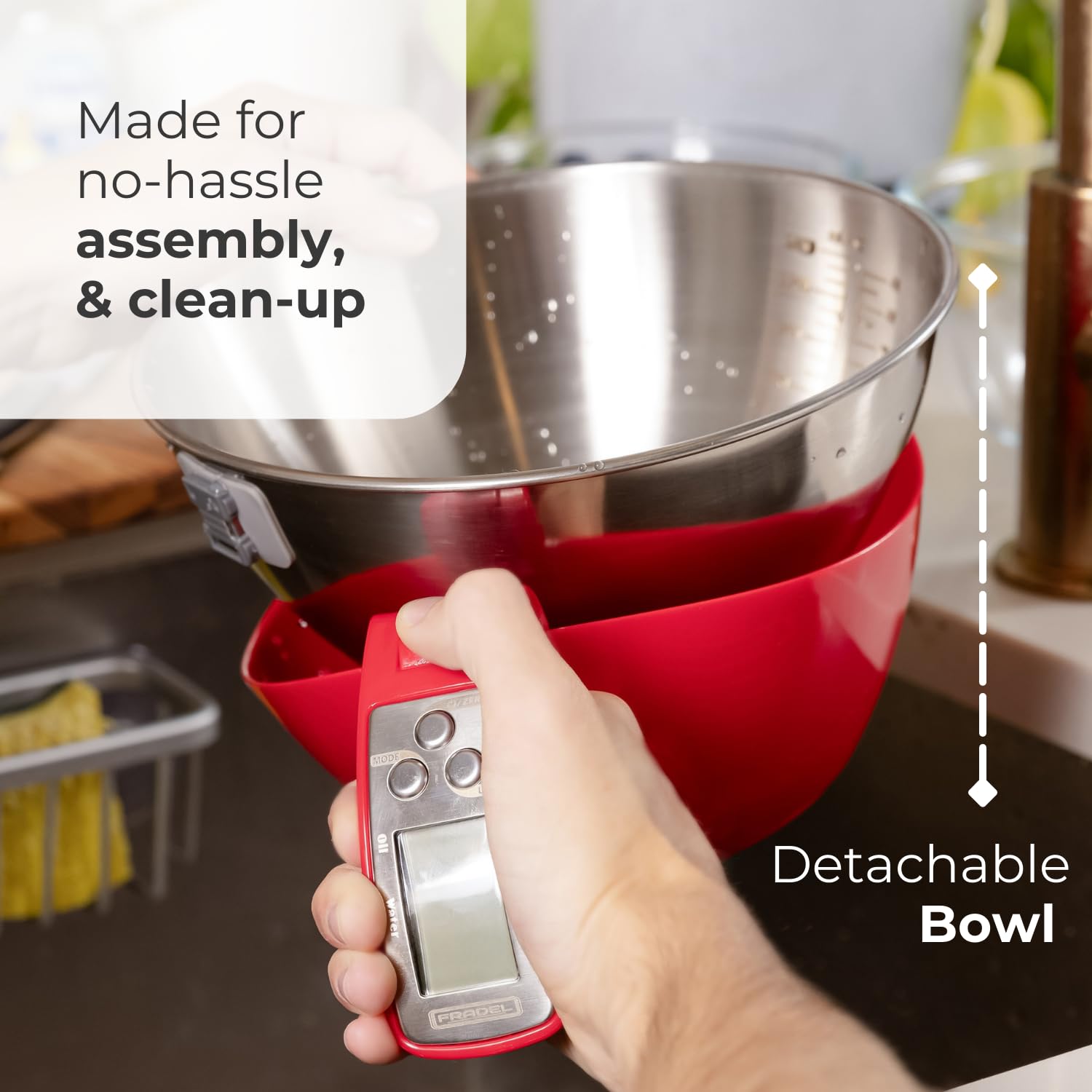 Fradel multifunctional kitchen scale converts between g, lb:oz, ml, and fl.oz for versatile measuring.