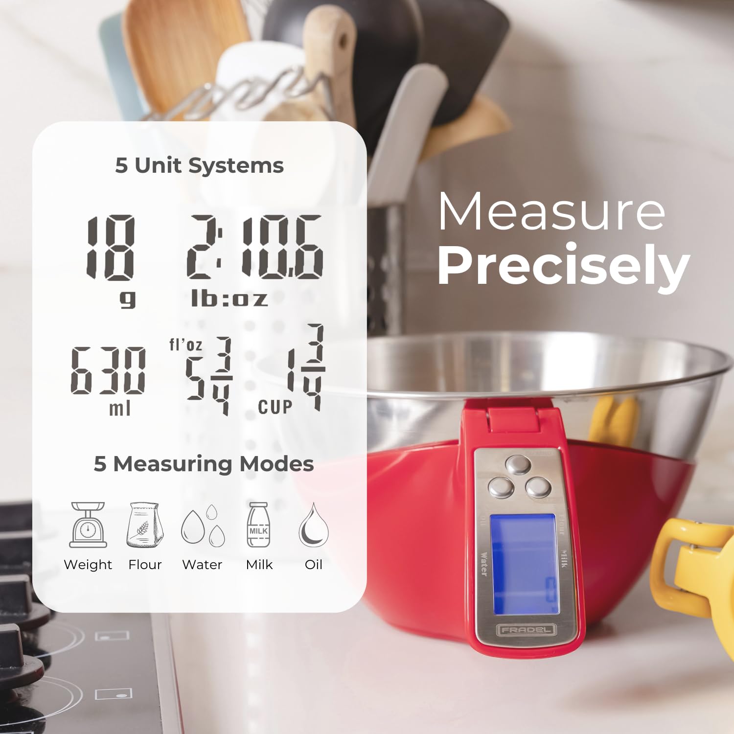 Fradel scale backlit LCD display shows clear readings during late-night cooking sessions.