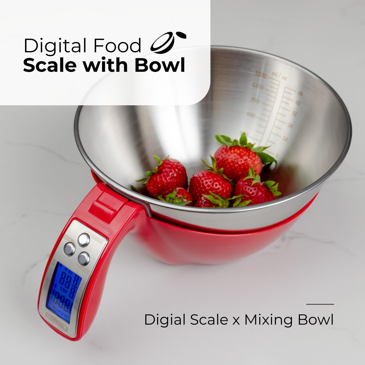 Fradel removable bowl digital scale measuring cup enables easy transfers and quick cleanup.