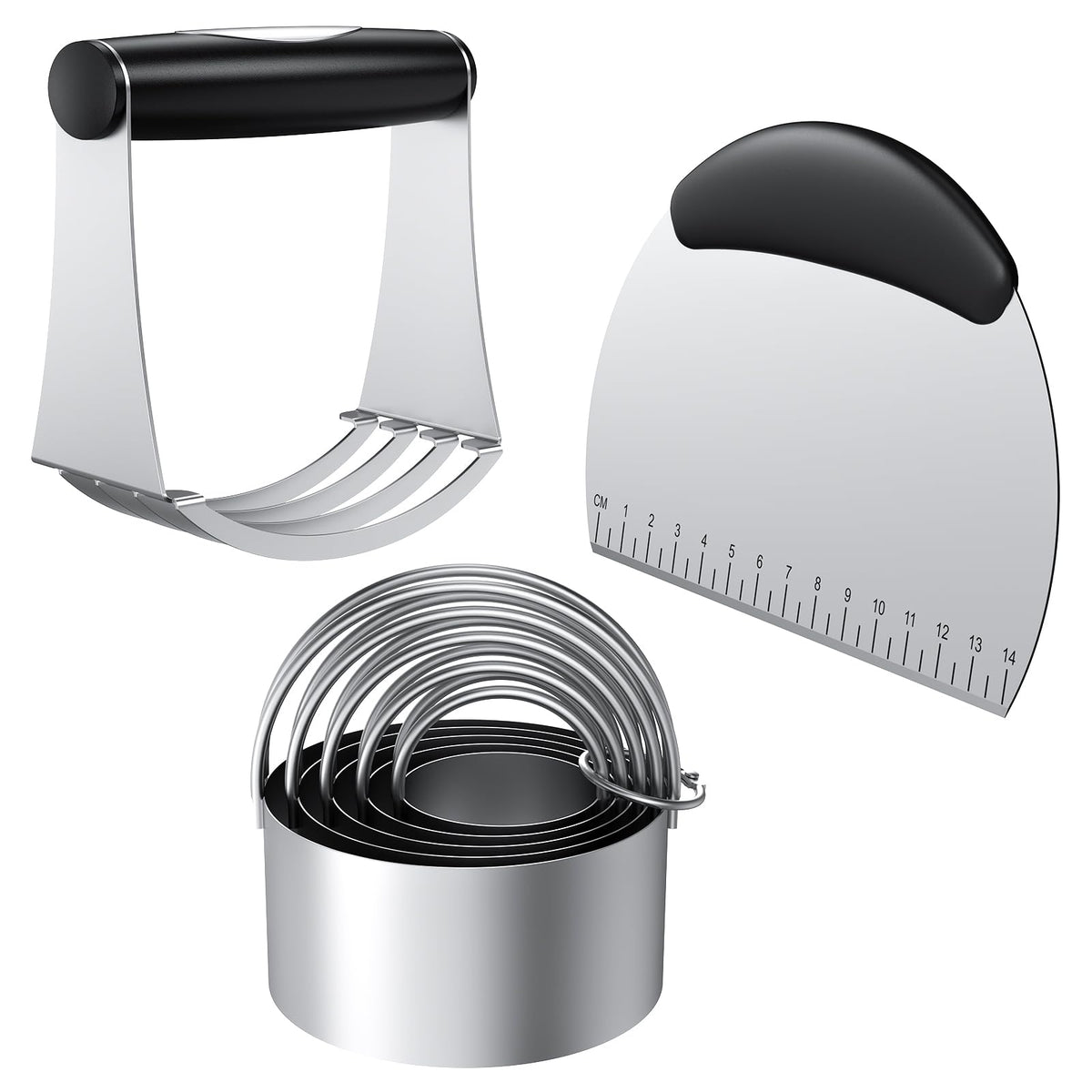 Frapkom biscuit cutter set with dough blender and pastry cutters on a baking mat for easy baking prep