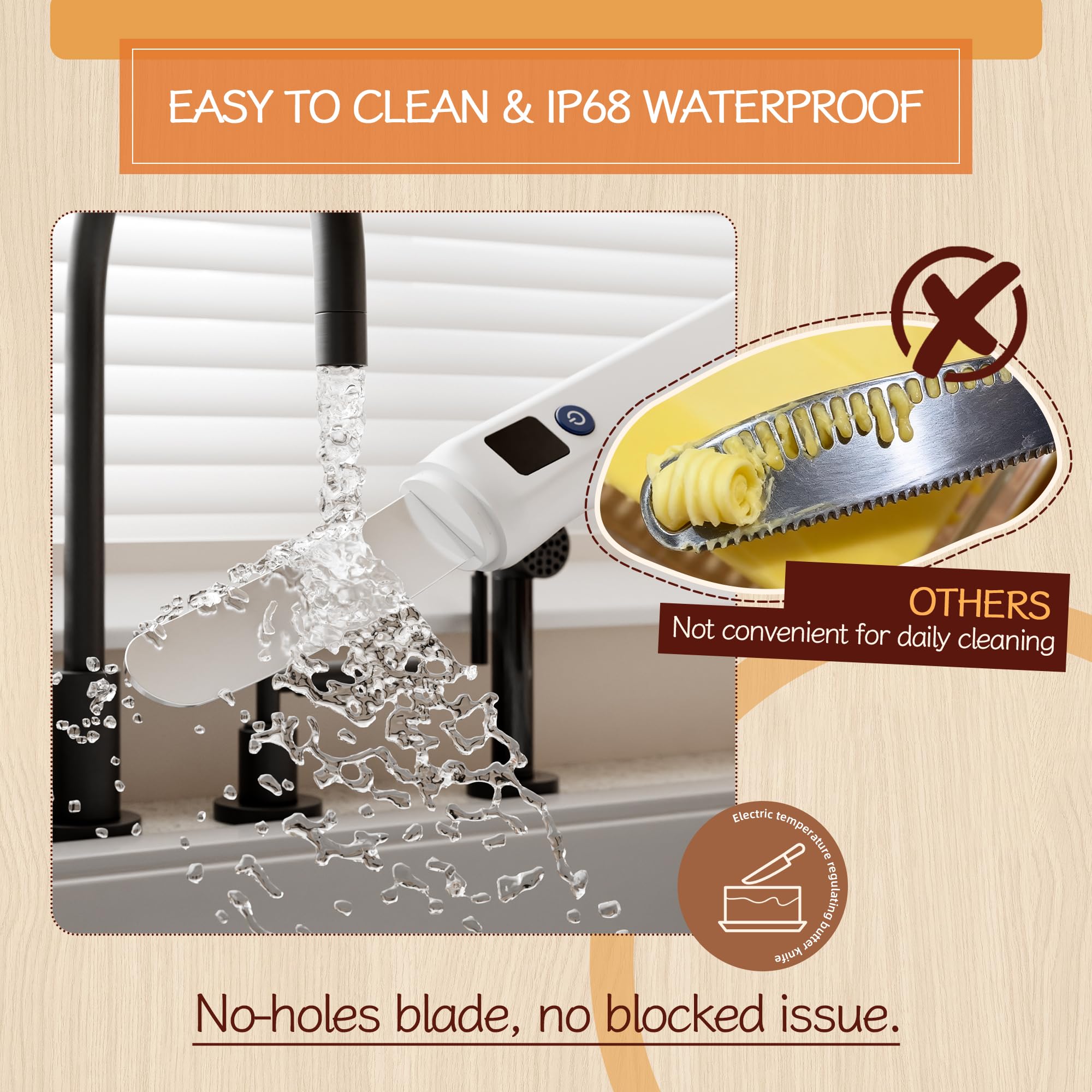 Frayo heated butter knife IP68 waterproof design for easy cleaning under water.