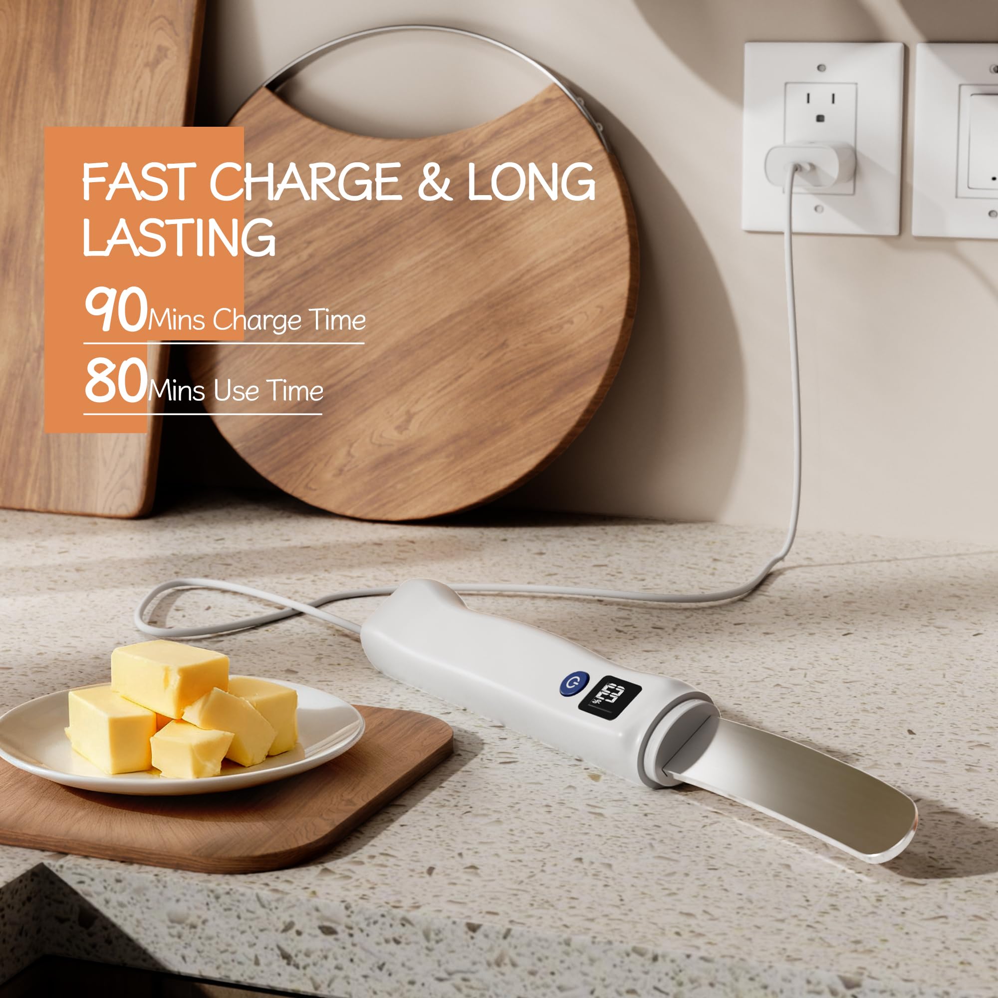 Frayo heated butter knife spreading butter on toast and bagels.