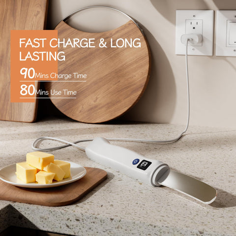 Frayo heated butter knife spreading butter on toast and bagels.