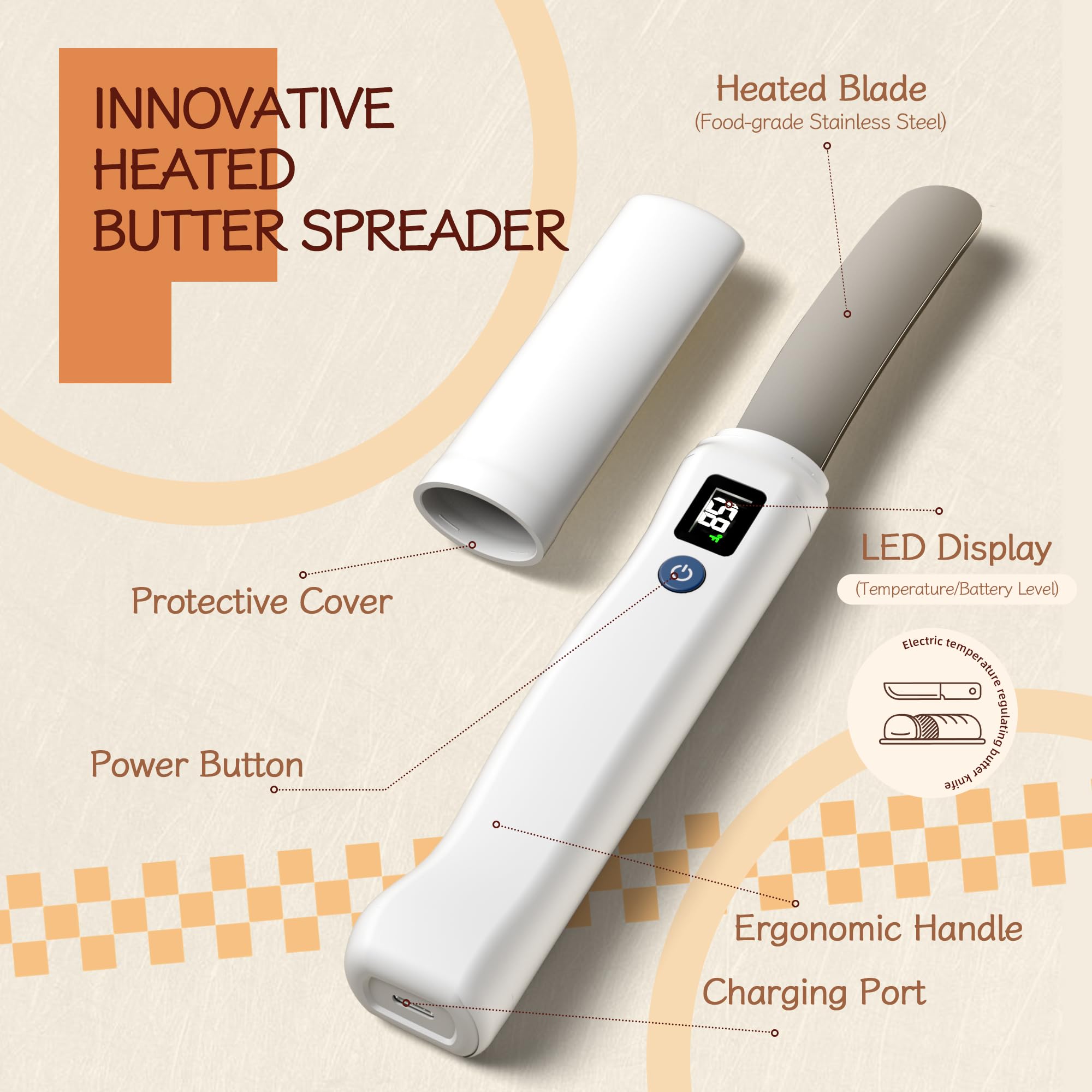 Frayo heated butter knife stainless steel blade delivers smooth spreading.