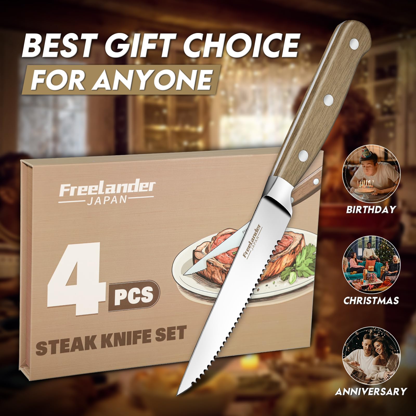 Freelander dining scene featuring steak knives in use at table.