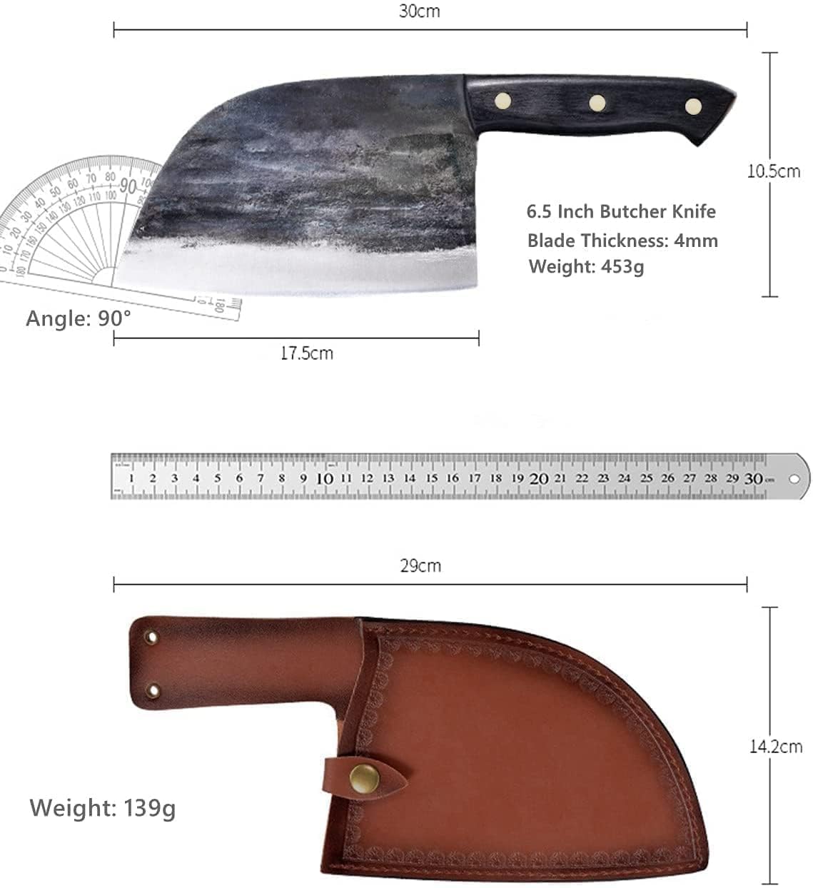 Leather sheath included with Freelander meat cleaver for safe storage.