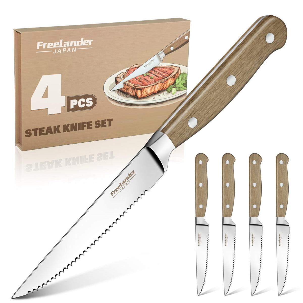 Freelander serrated steak knife close-up showing a sharp edge for effortless slicing.