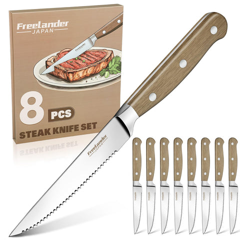 Freelander serrated steak knives set eight showing sharp serrations for precise dining use