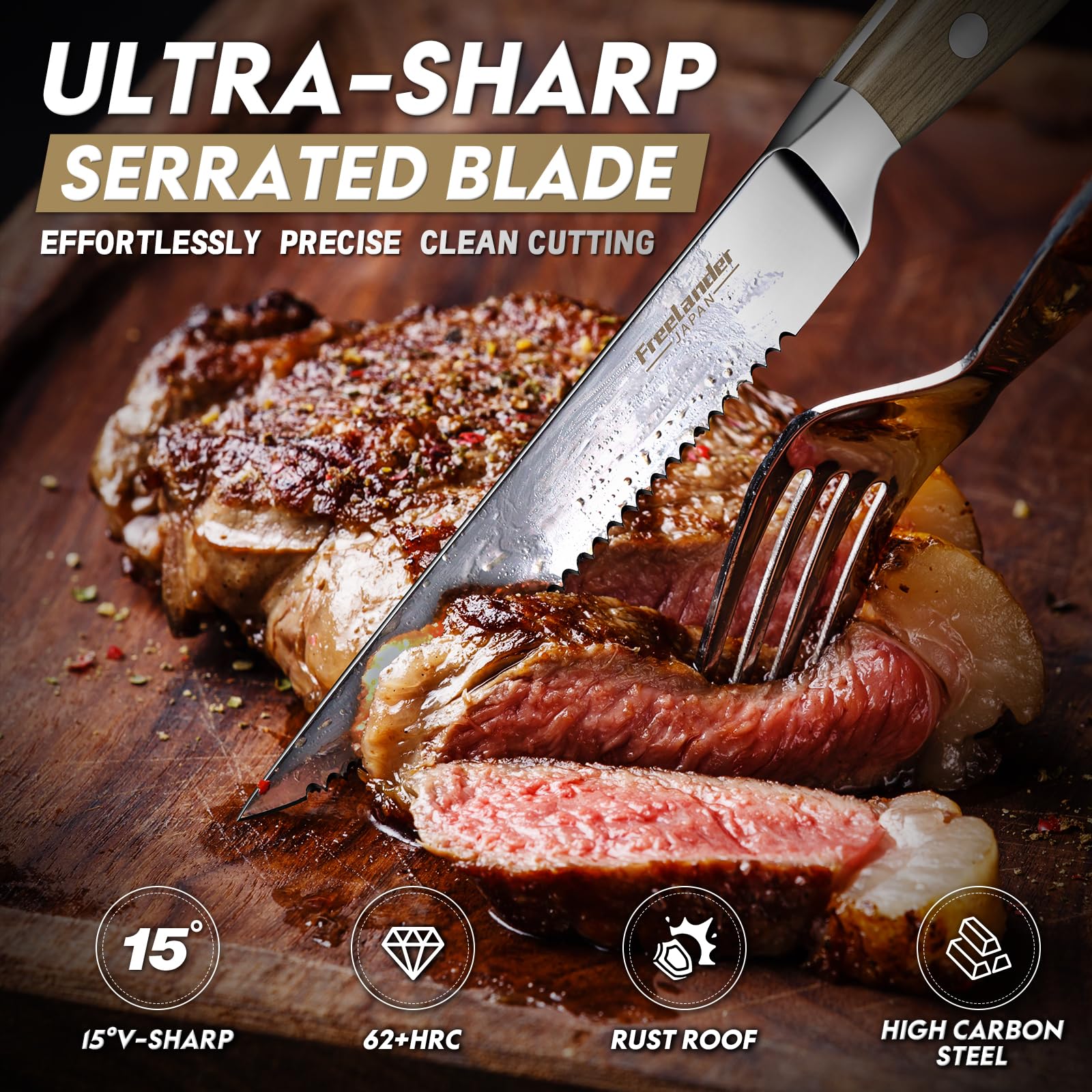Freelander four-piece steak knife set with full tang feeling balanced and sturdy.
