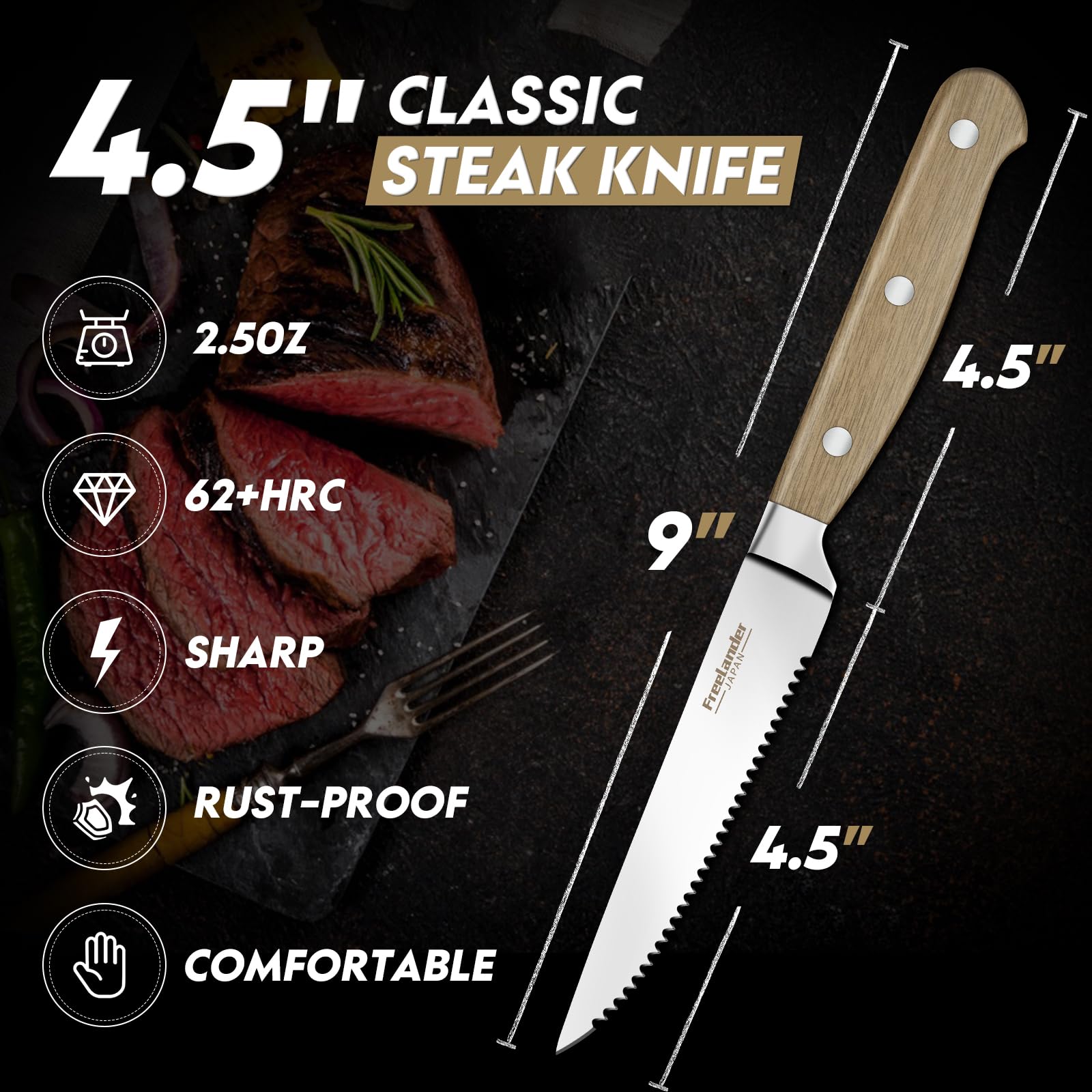 Freelander wooden handle with ergonomic grip on a steak knife.