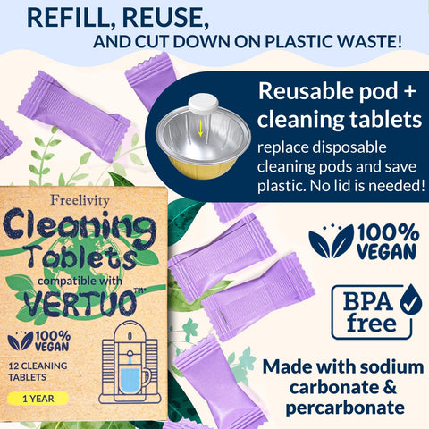 Freelivity reusable pod for sustainable, waste-free Vertuo maintenance.