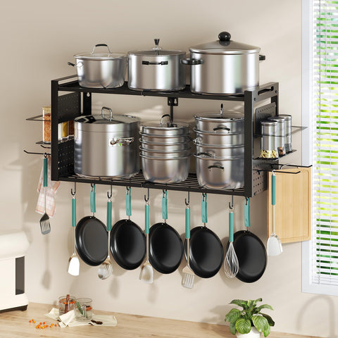 Freexployer 20-hooks hanging pots demonstrates versatile cookware capacity
