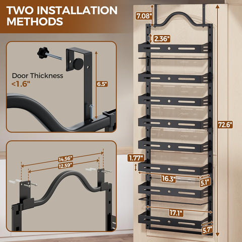 Freexployer over-the-door organizer mounted over a door in use stores cans within reach
