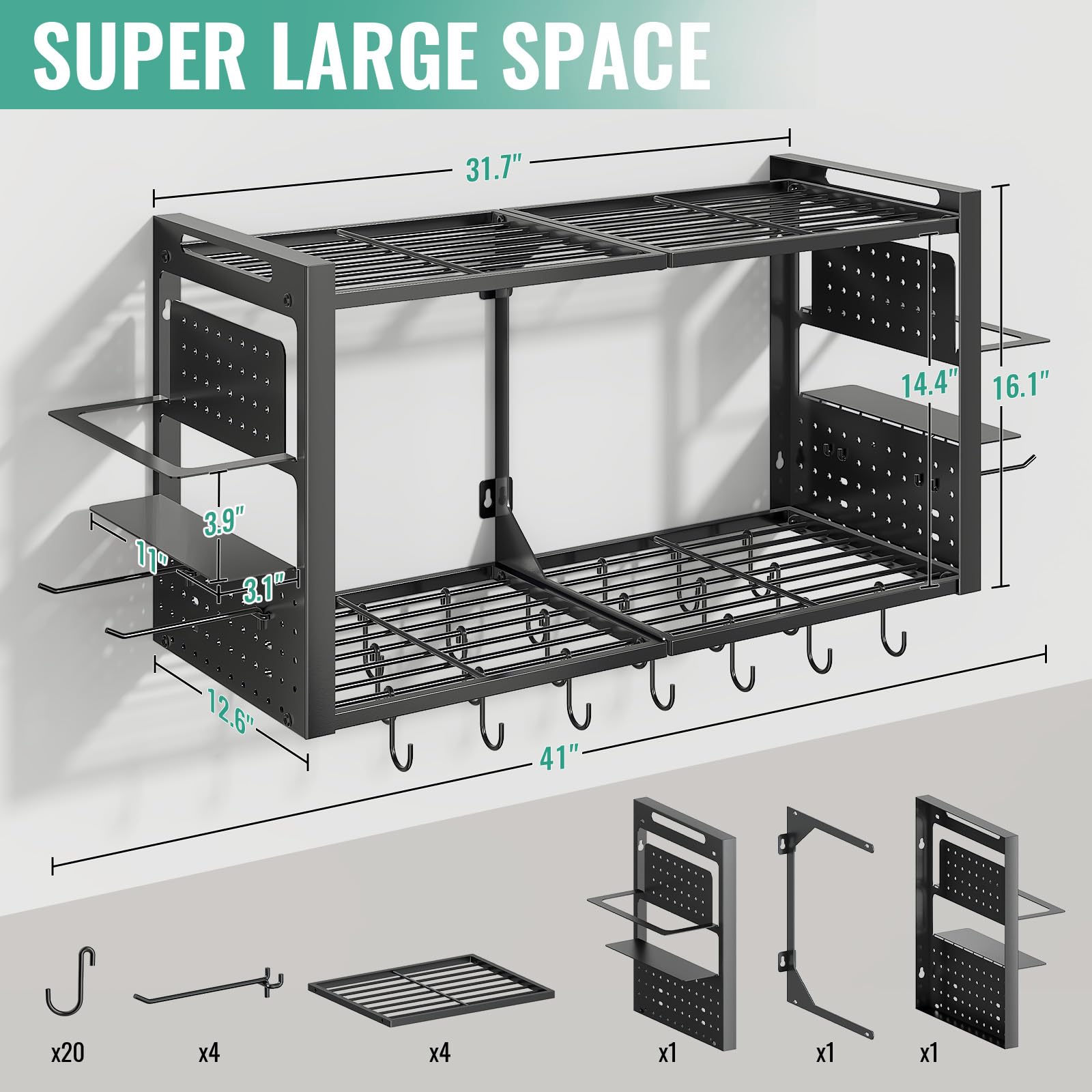 Freexployer pot rack side view with spice rack for convenient seasoning storage