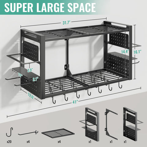 Freexployer pot rack side view with spice rack for convenient seasoning storage