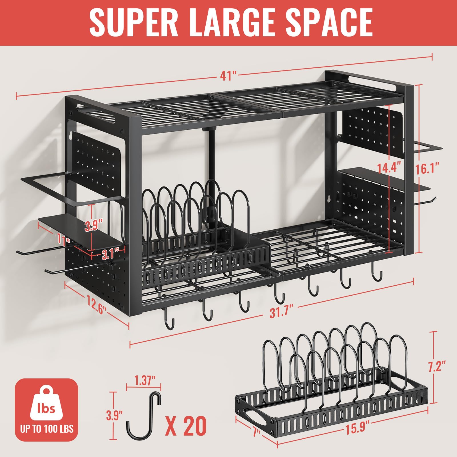 Freexployer pot rack with side spice rack for jars and bottles