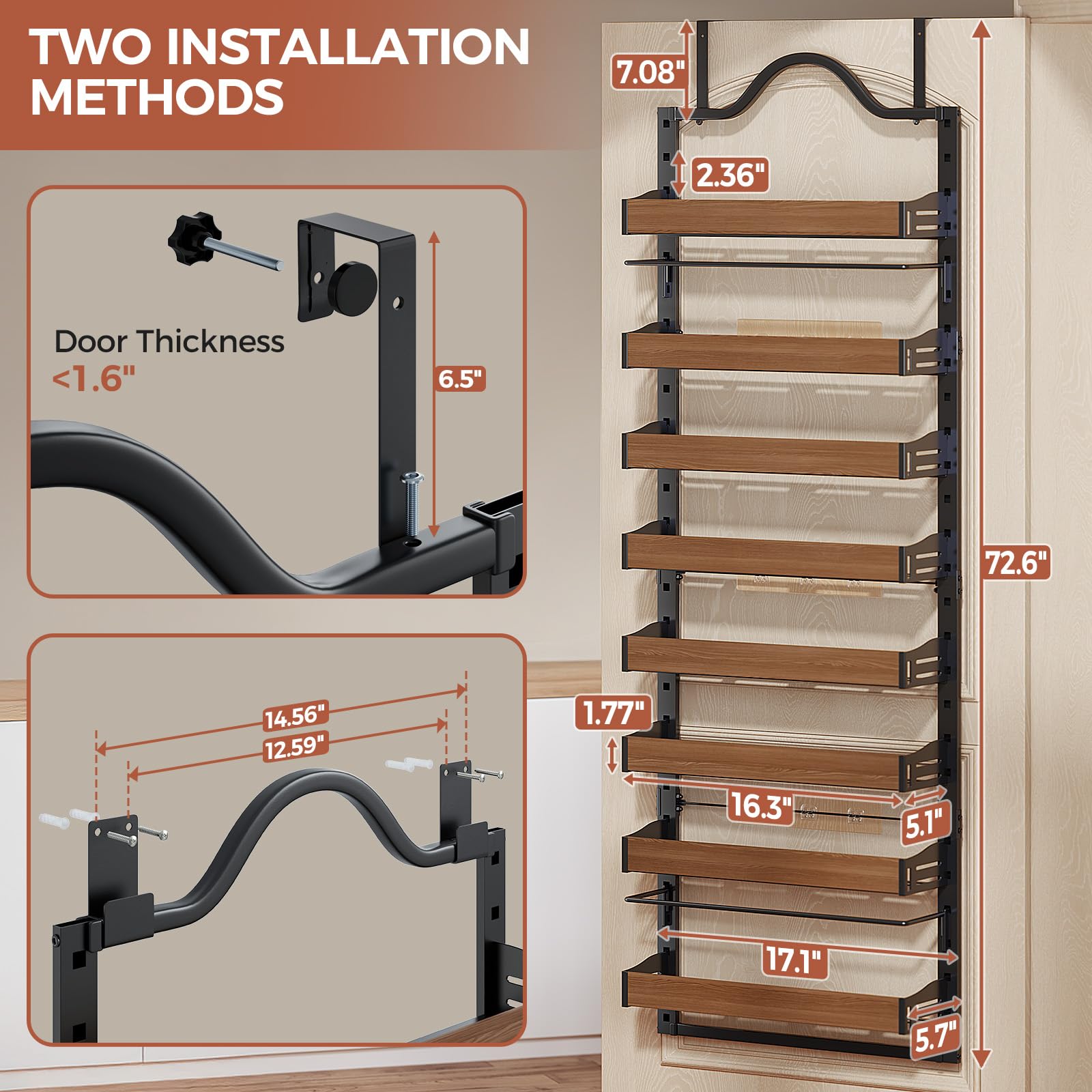Freexployer wall-mount spice rack with wooden baskets enhances pantry organization.