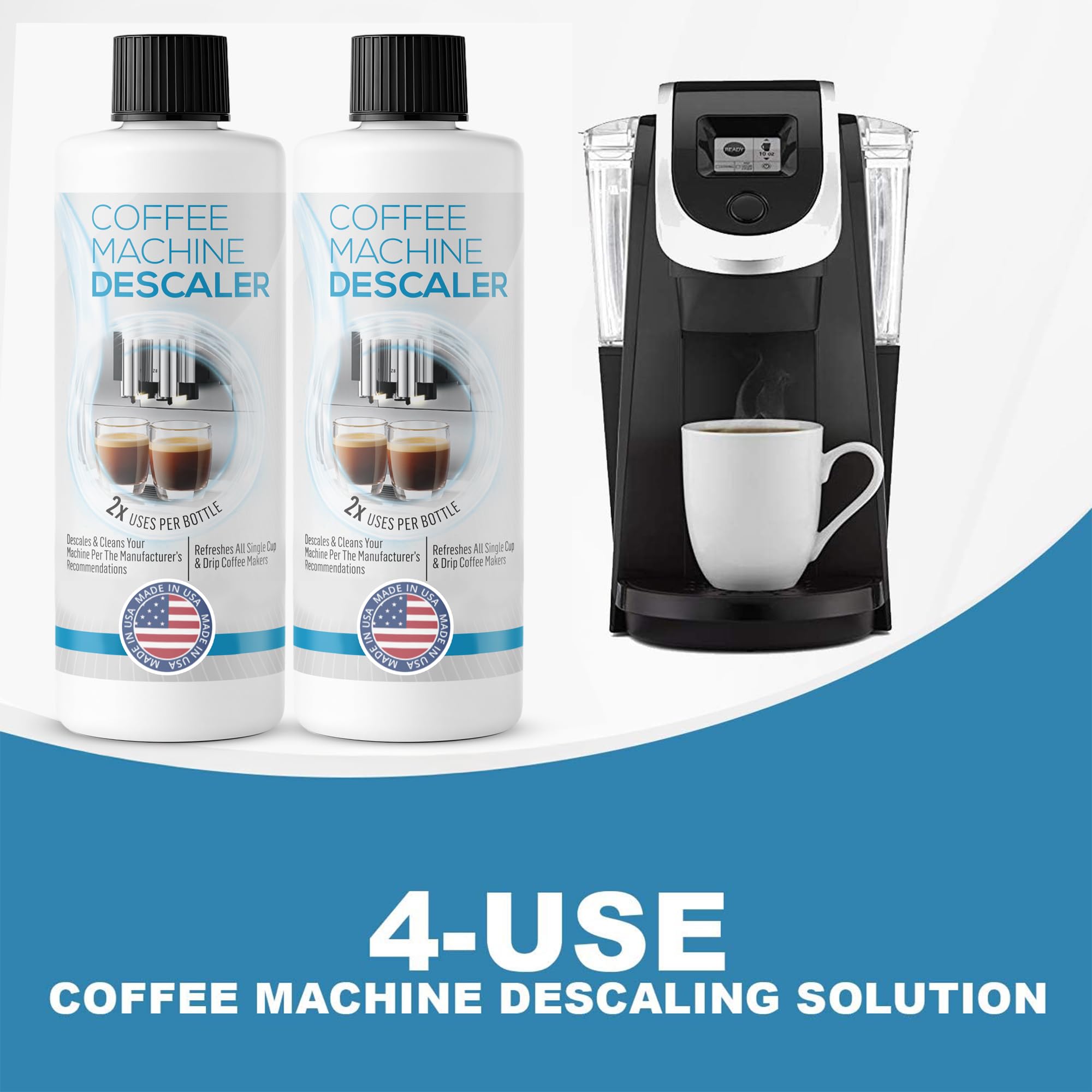 FreshFlow descaling bottle label close-up shows universal compatibility