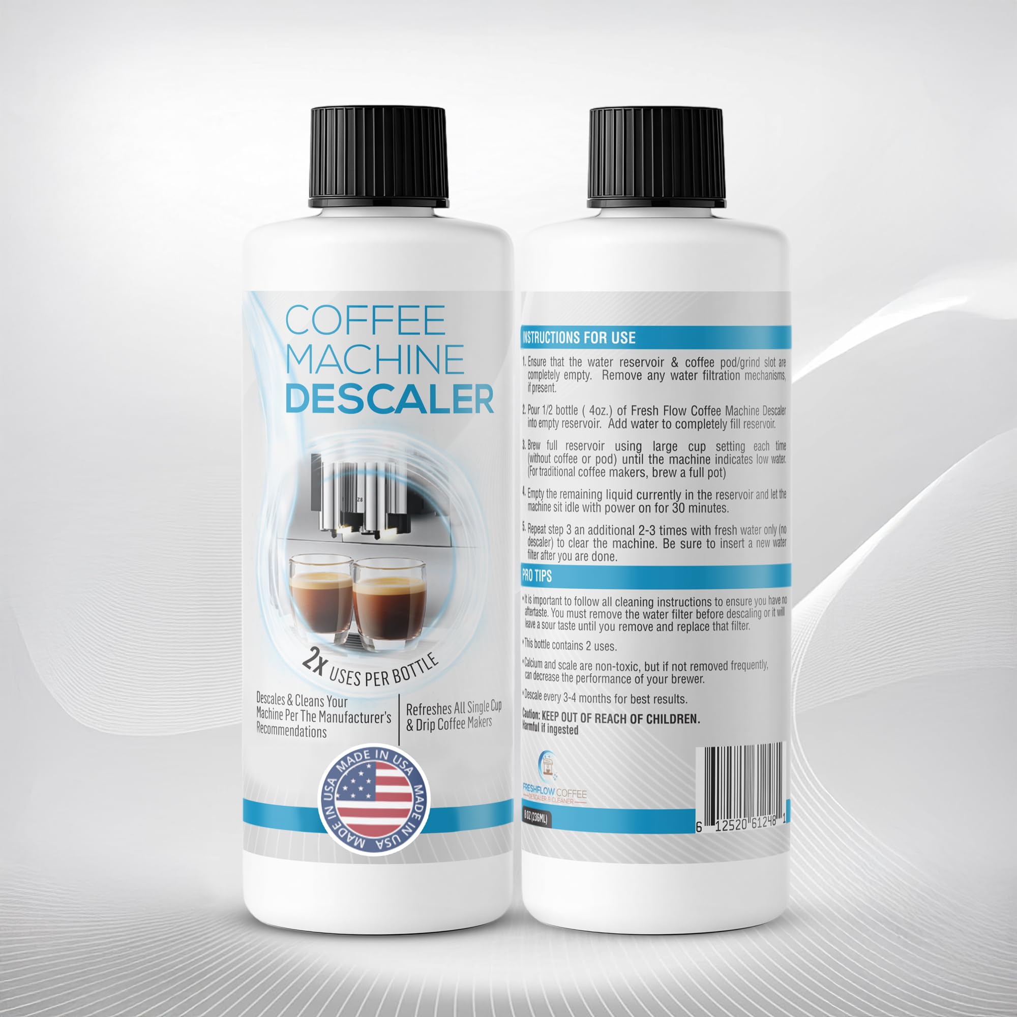 FreshFlow descaling bottle pour demonstrates easy flush to remove mineral buildup