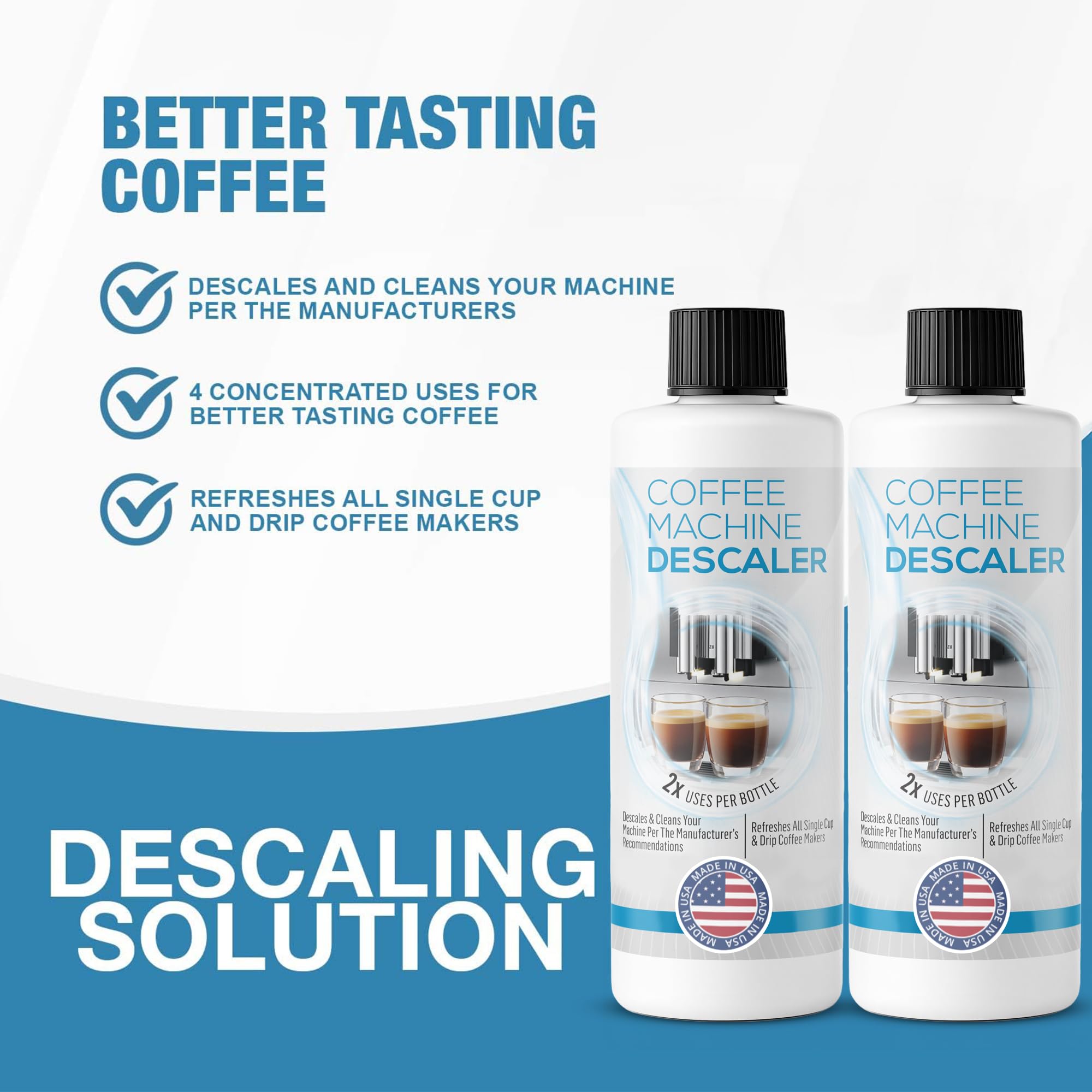 FreshFlow descaling solution in-use kitchen scene suggests cleaner tasting coffee potential