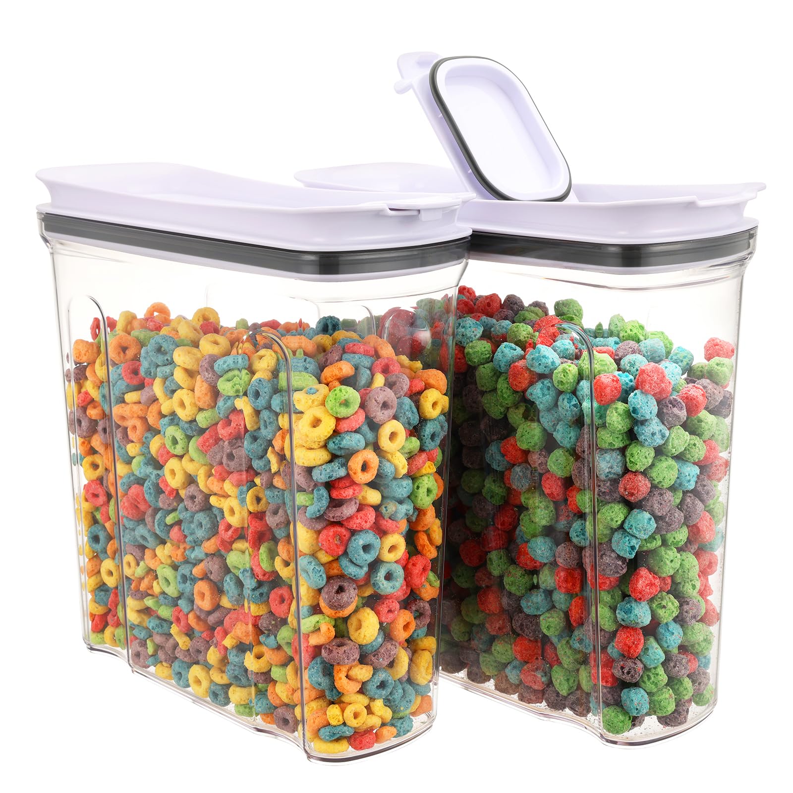 FreshKeeper cereal containers with airtight lids keep cereals fresh and neatly stored.