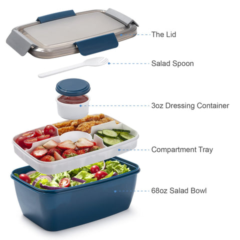Freshmage five-compartment lunch box keeping salad and toppings separate.