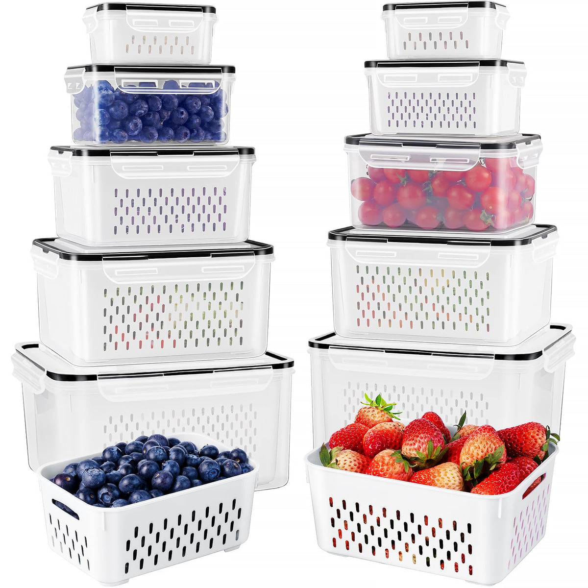 Freshmage fridge container with removable colander in large size for easy rinsing and storage