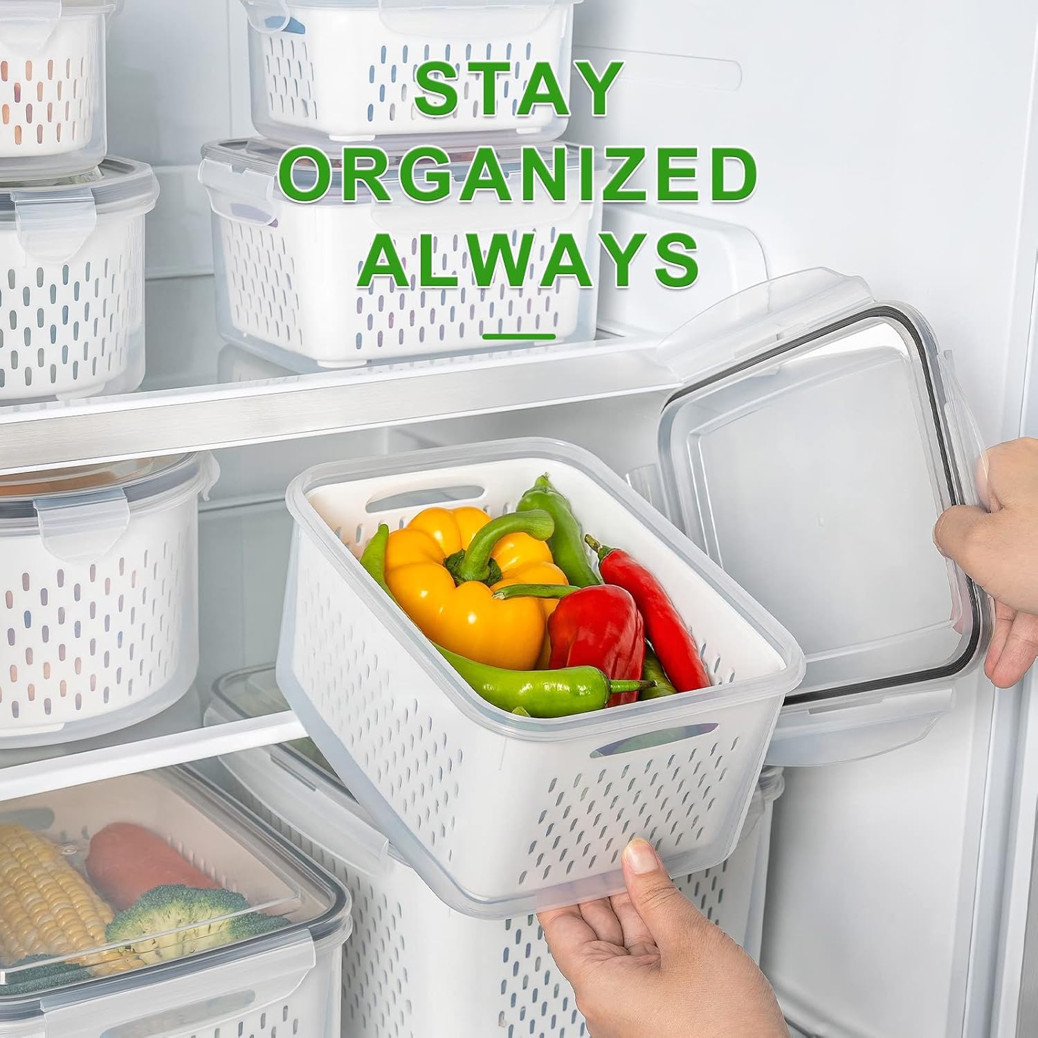 Freshmage stackable design keeps your fridge organized and accessible.
