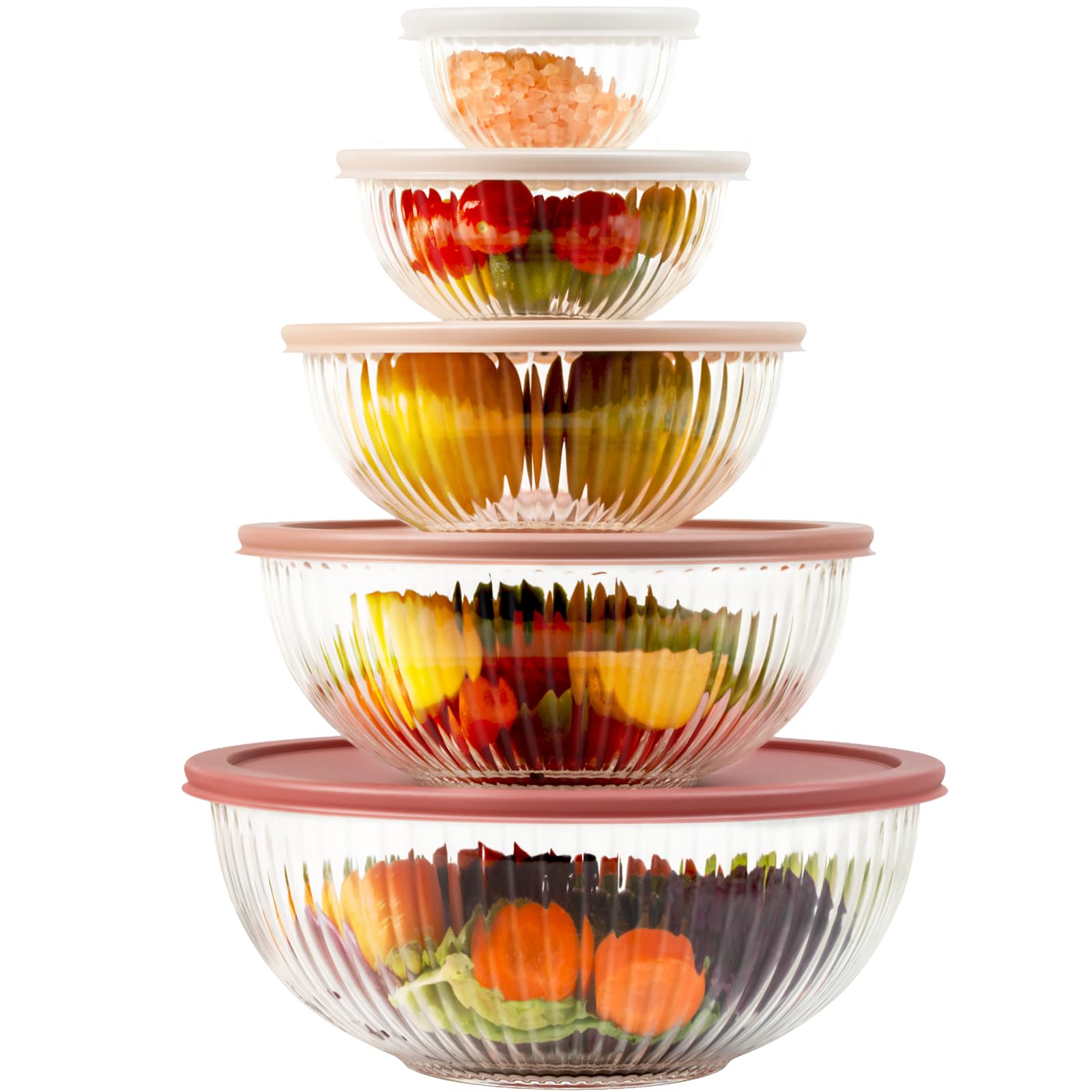 Freshmage glass mixing bowls in a 5-pack with lids, neatly stacked for space-saving storage.